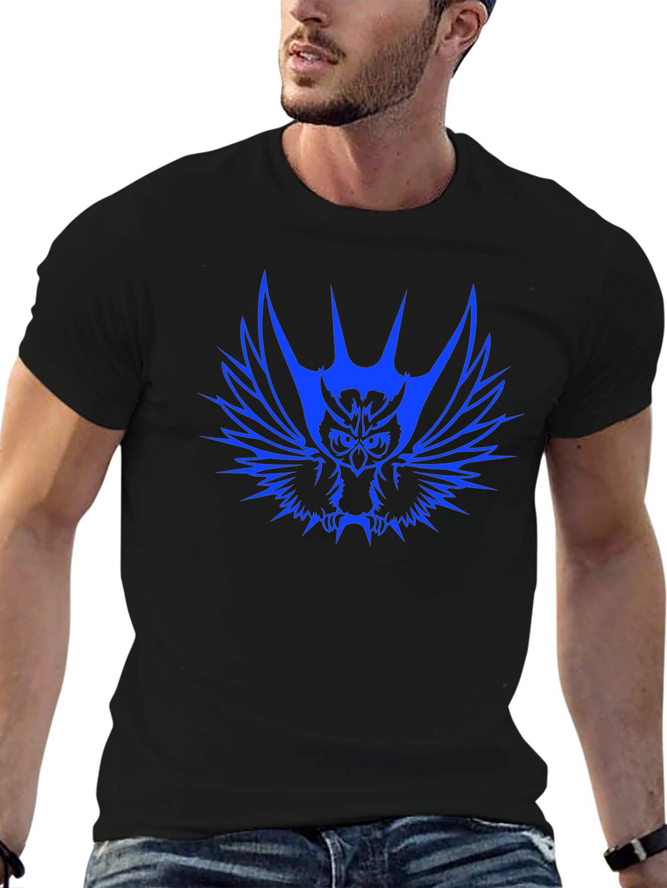 Black Owl Graphic Black T-Shirt - Unique Blue Design view 6