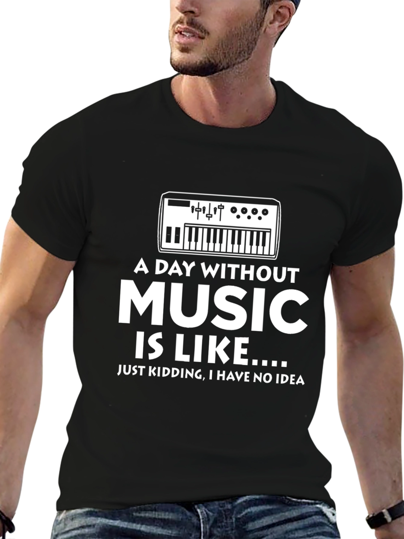 Black Funny Music Lover T-Shirt - Keyboard Design view 6