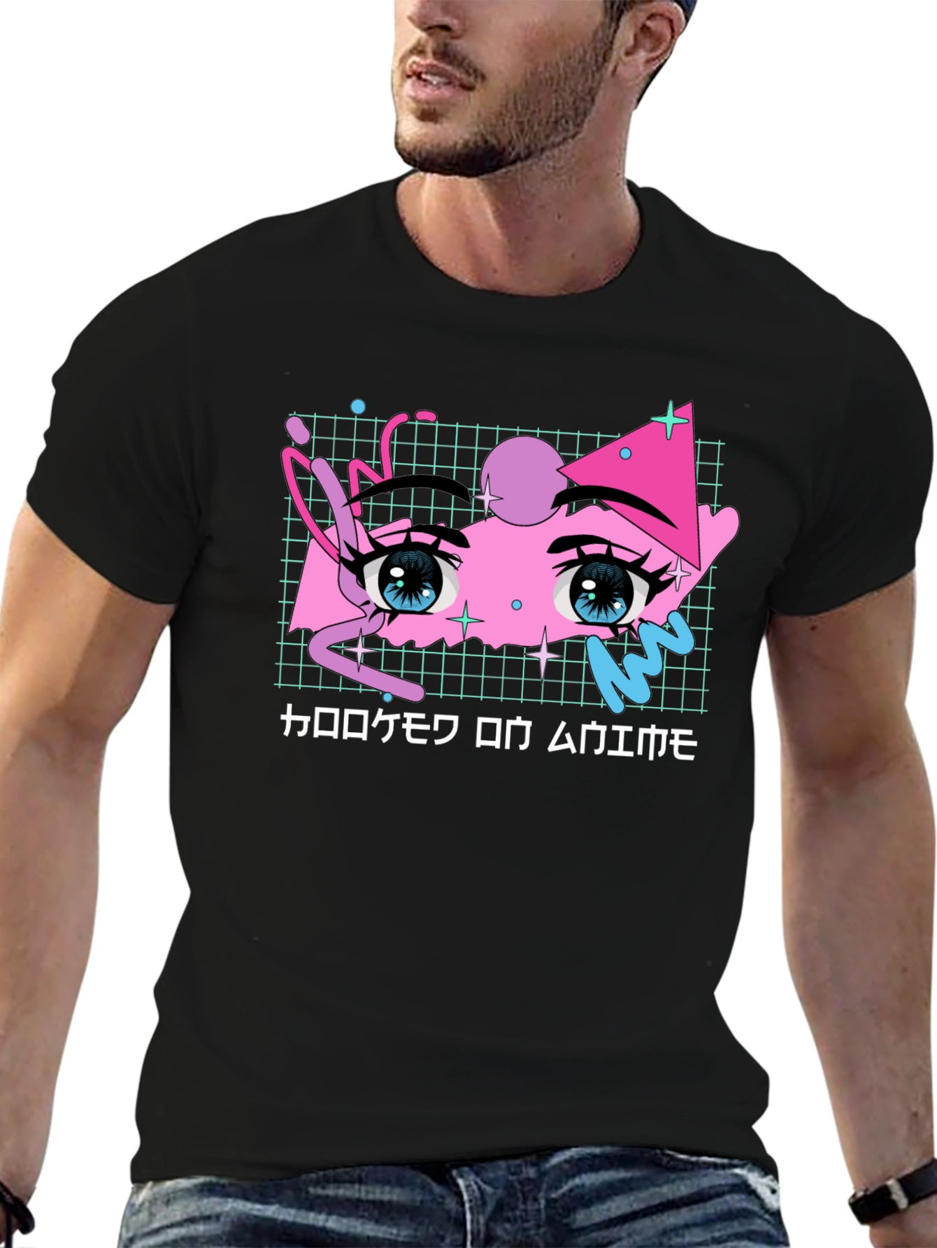 Black Anime Eyes Aesthetic T-Shirt - Vaporwave Japanese Text view 6