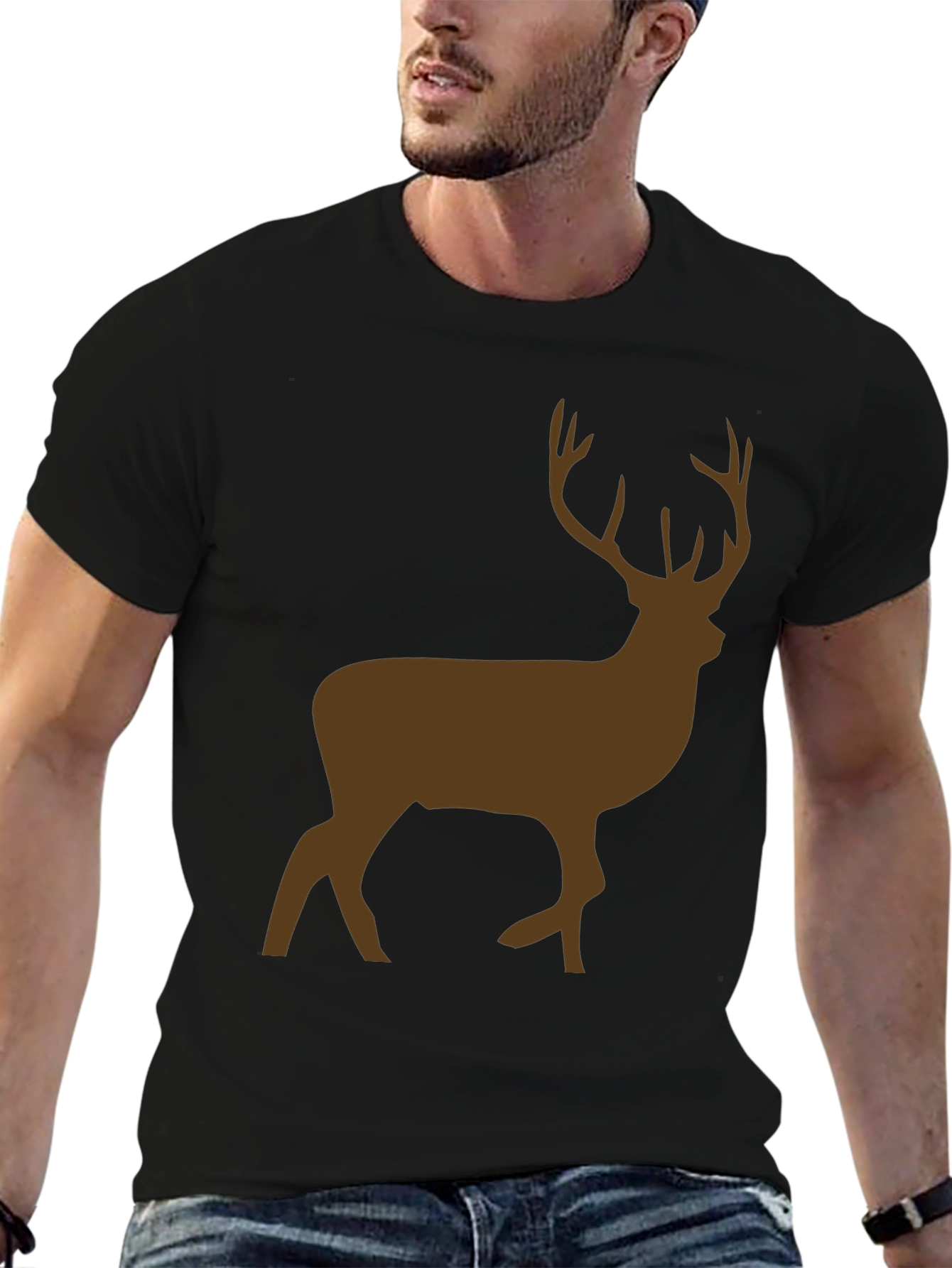 Black Men's Black T-Shirt with Brown Deer Graphic view 6