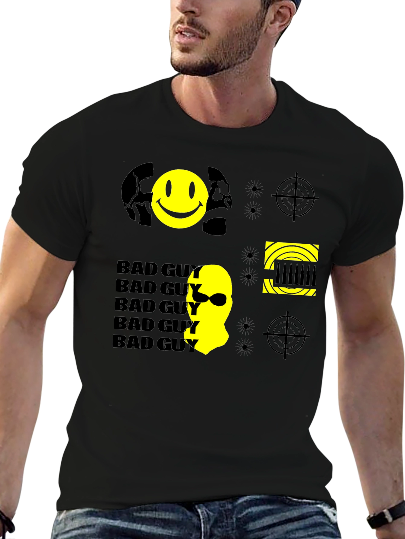 Black Bad Guy Graphic Print Tee - Black Cotton Crew Neck T-Shirt view 6