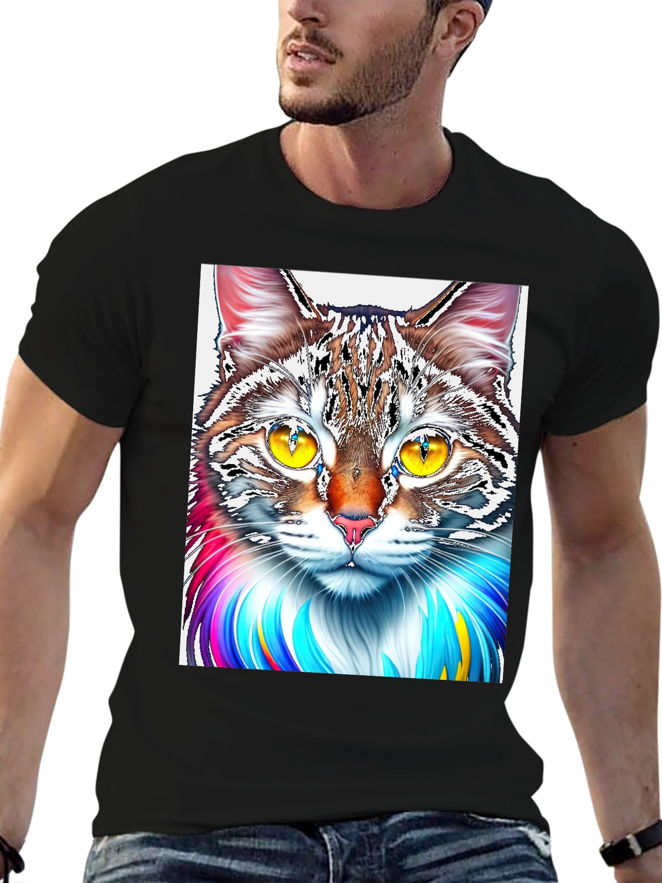 Black Colorful Cat Graphic Print Black T-Shirt view 6