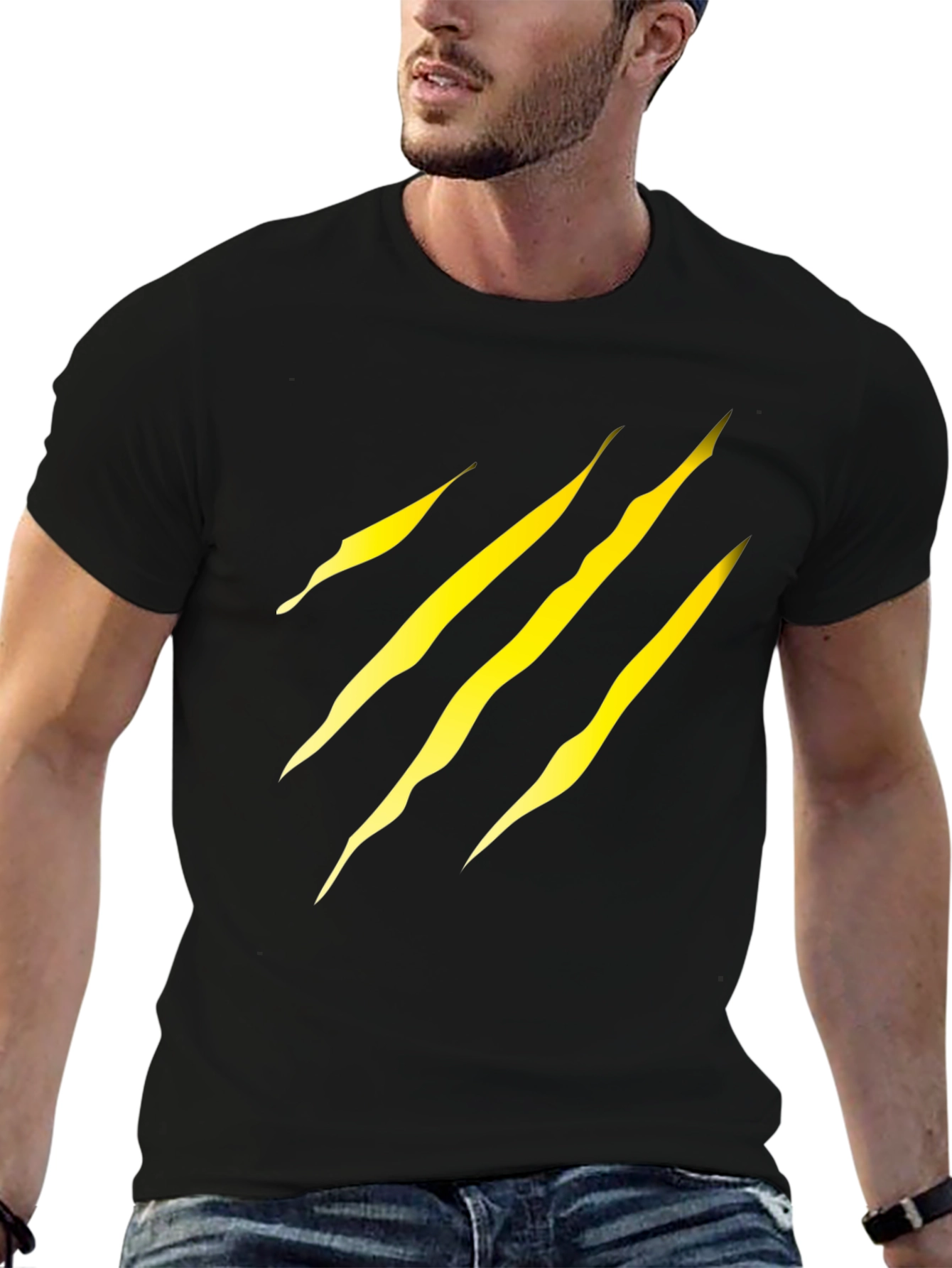 Black Men's Black T-Shirt with Yellow Claw Scratch Design view 6