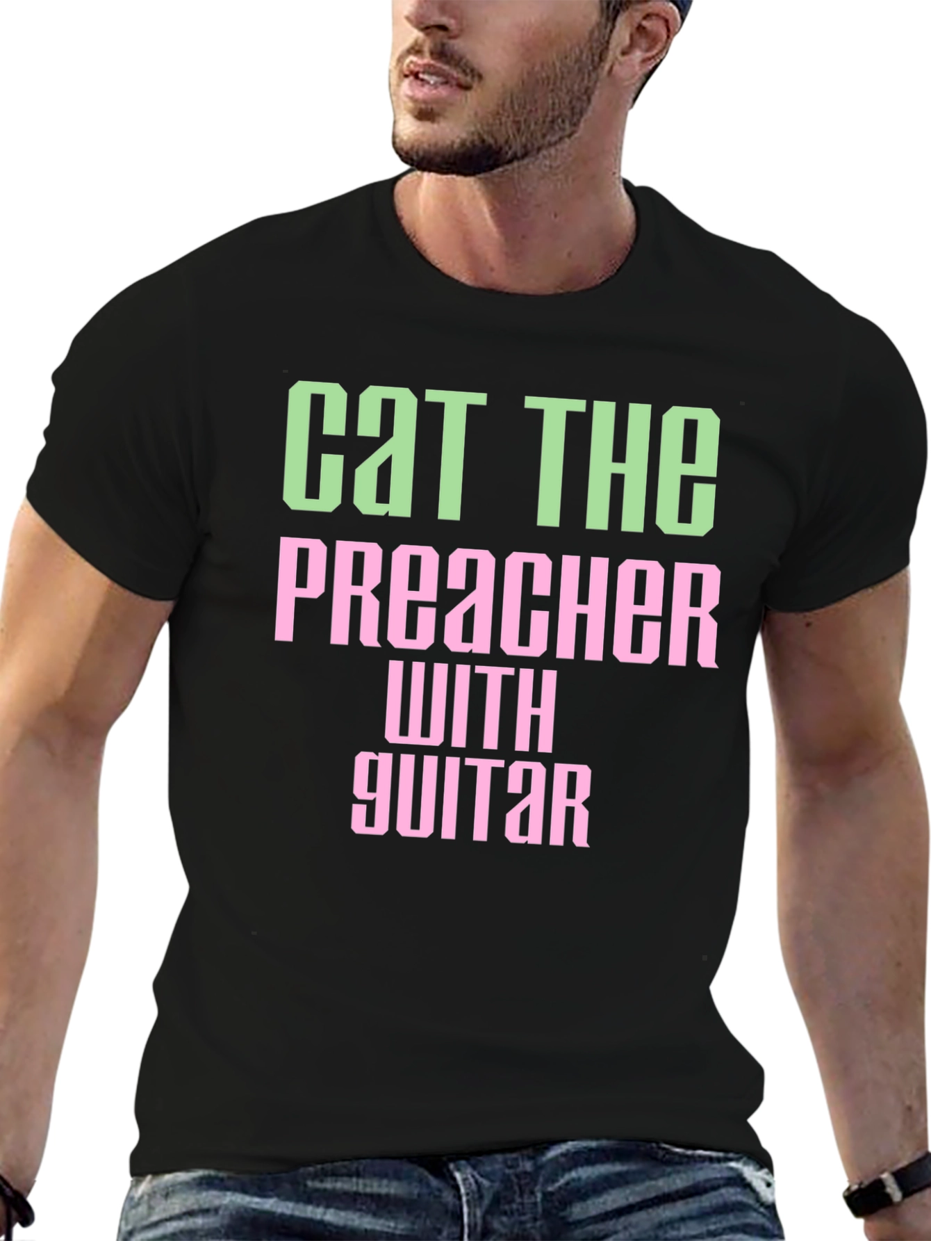 Black Cat The Preacher with Guitar Graphic T-Shirt view 6