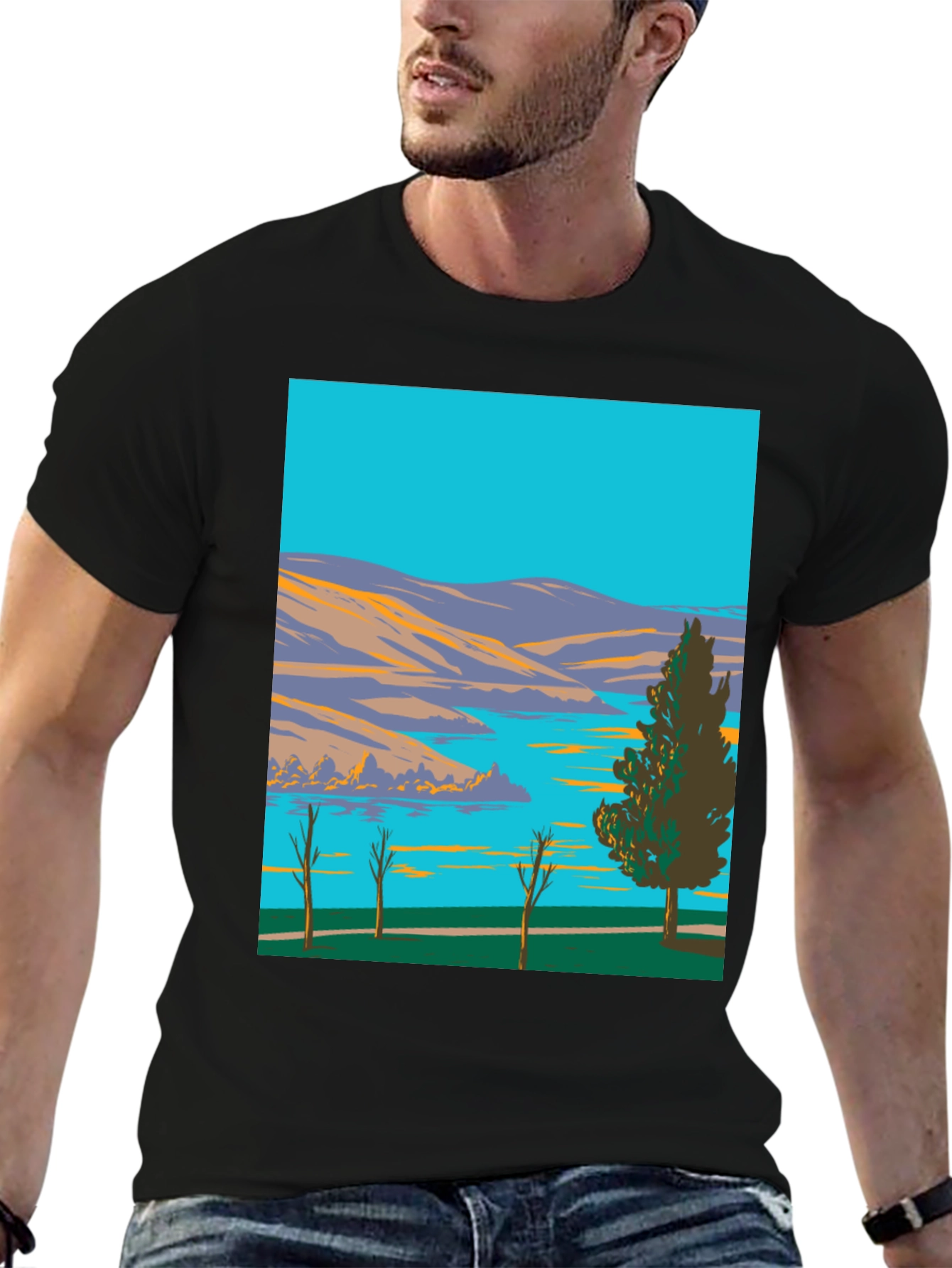 Black Lake & Mountain Graphic Tee - Nature Art Shirt view 6