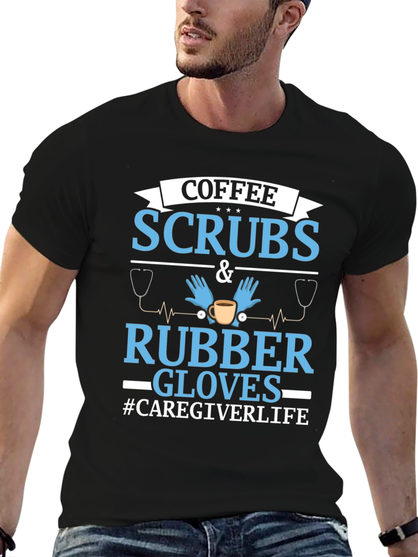 Black Coffee Scrubs & Rubber Gloves Caregiver T-Shirt view 6