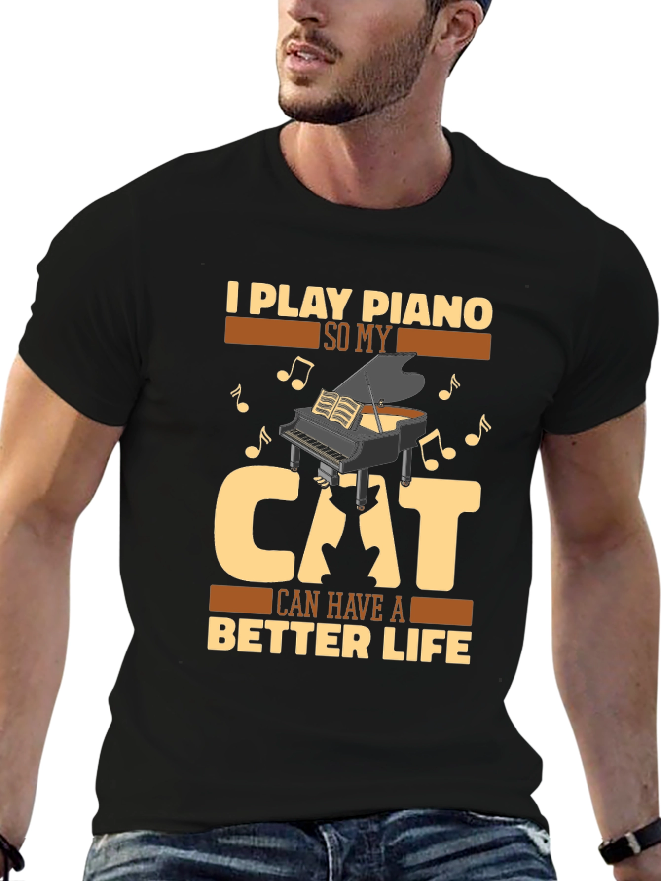 Black Piano Cat Lover T-Shirt - 'Better Life' Graphic Tee view 6