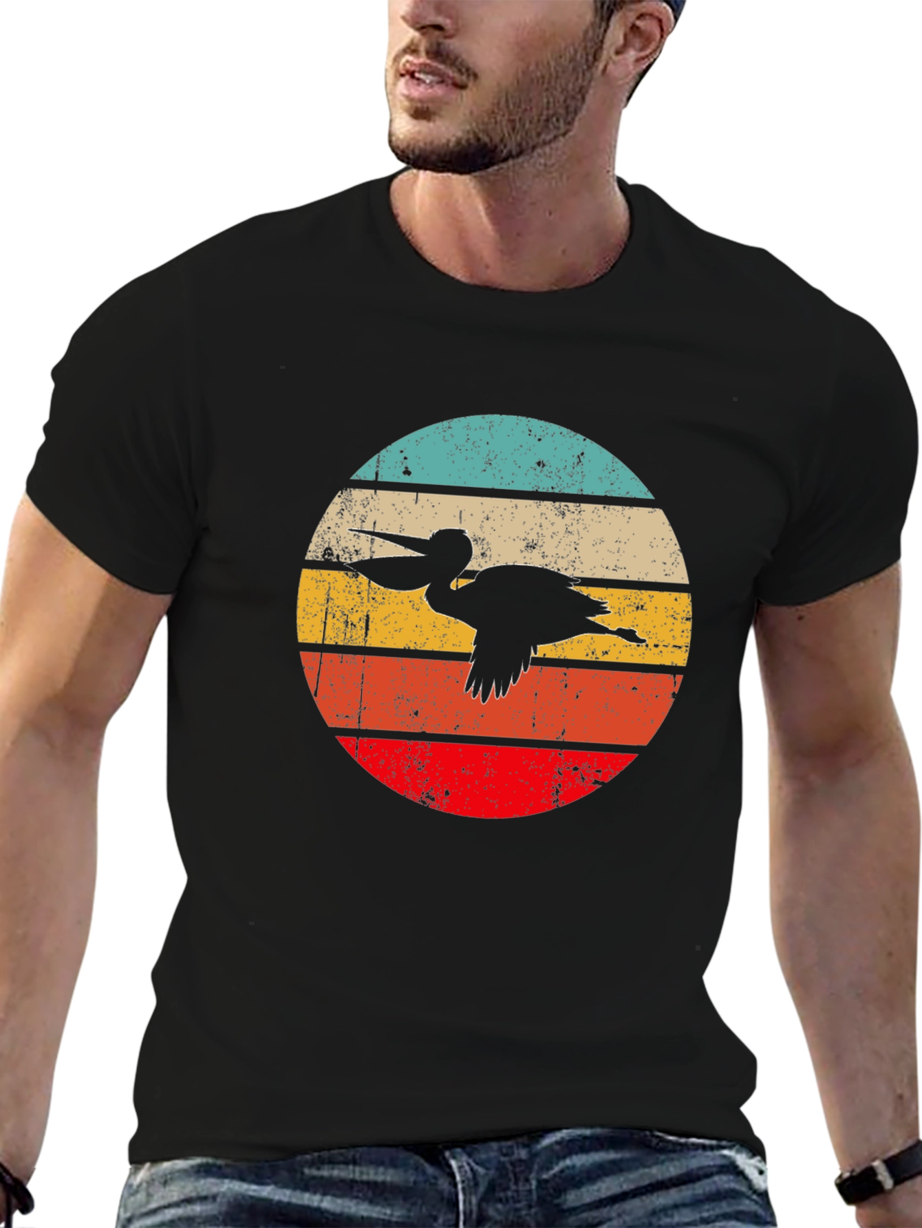 Black Retro Pelican Sunset Graphic Tee - Black Cotton T-Shirt view 6