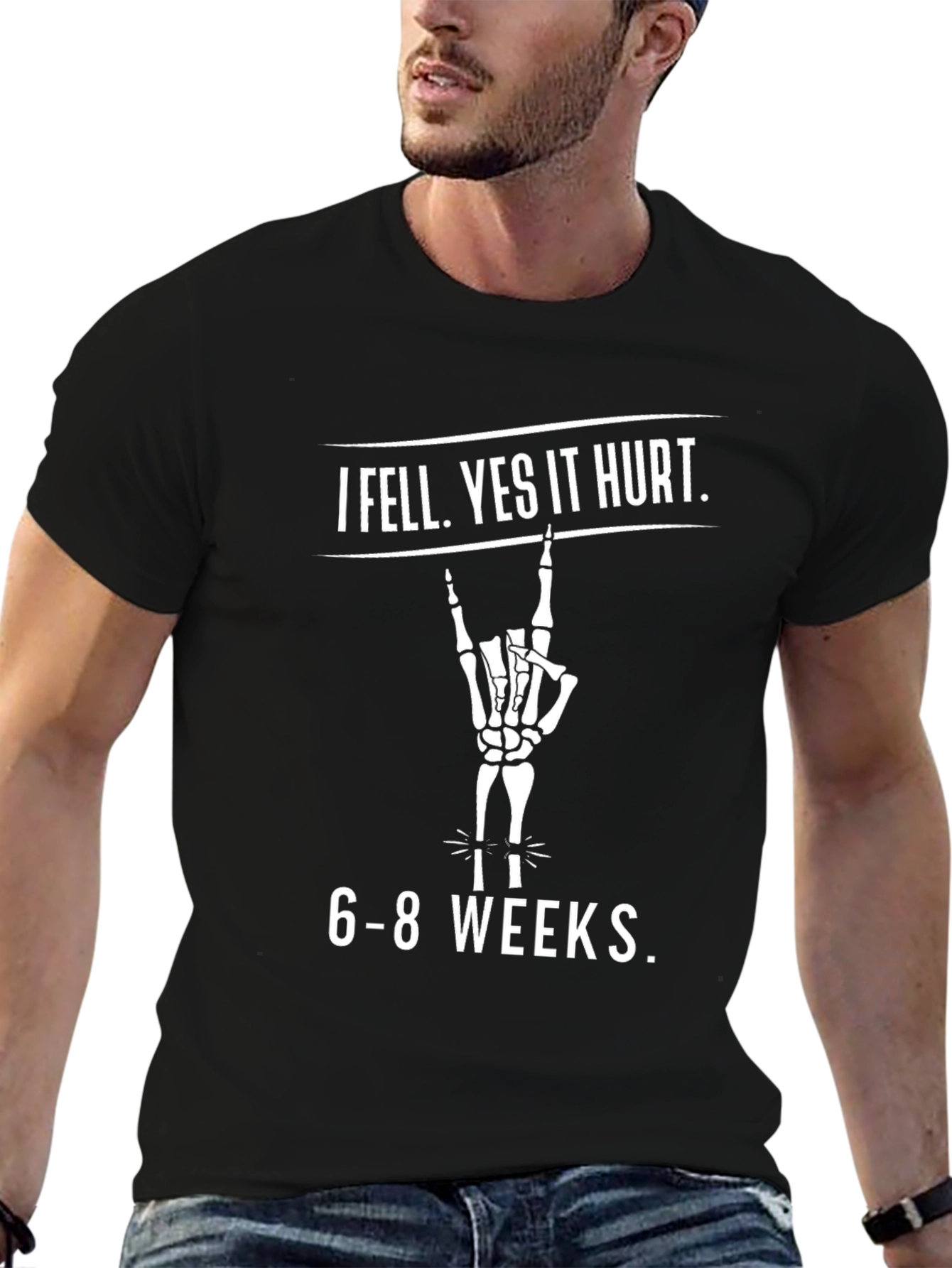 Black I Fell Yes It Hurt Skeleton Hand T-Shirt view 6