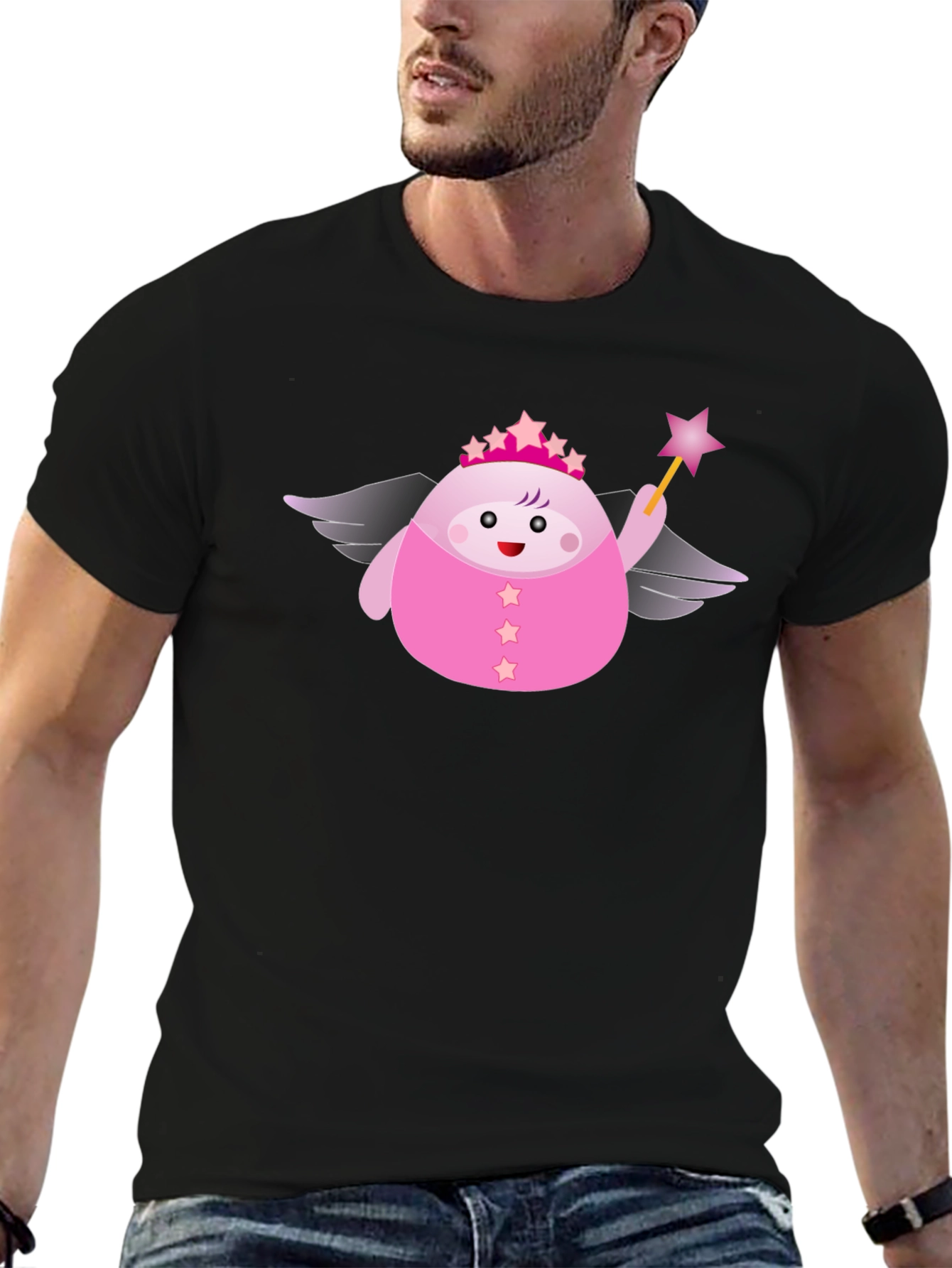 Black Cute Pink Fairy Cartoon Graphic T-Shirt view 6
