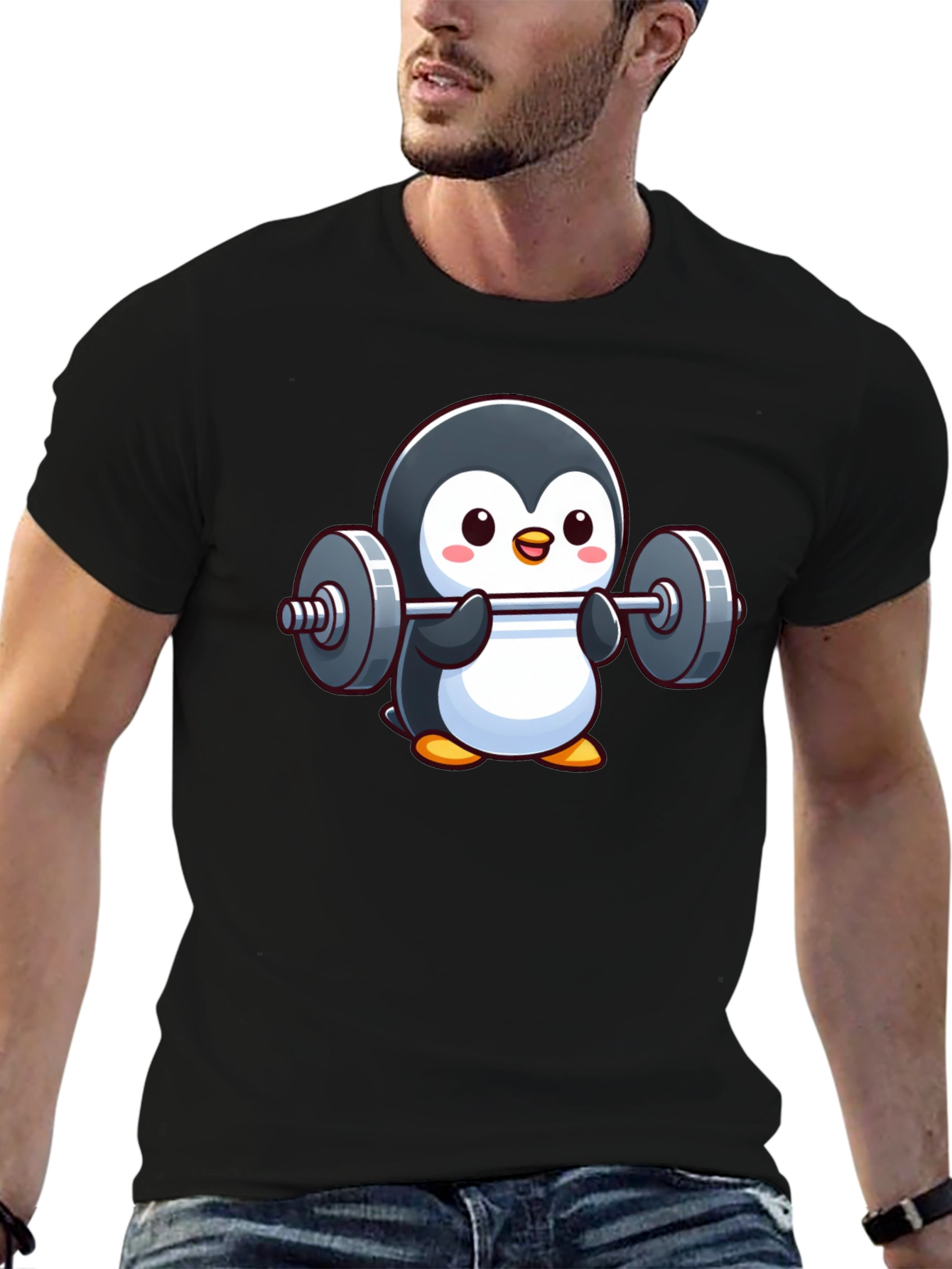Black Penguin Powerlifter T-Shirt: Cute Workout Tee view 6
