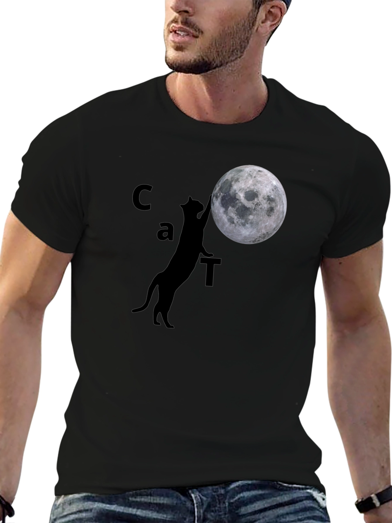 Black Cat & Moon Graphic Tee - Black Cotton Casual Shirt view 6