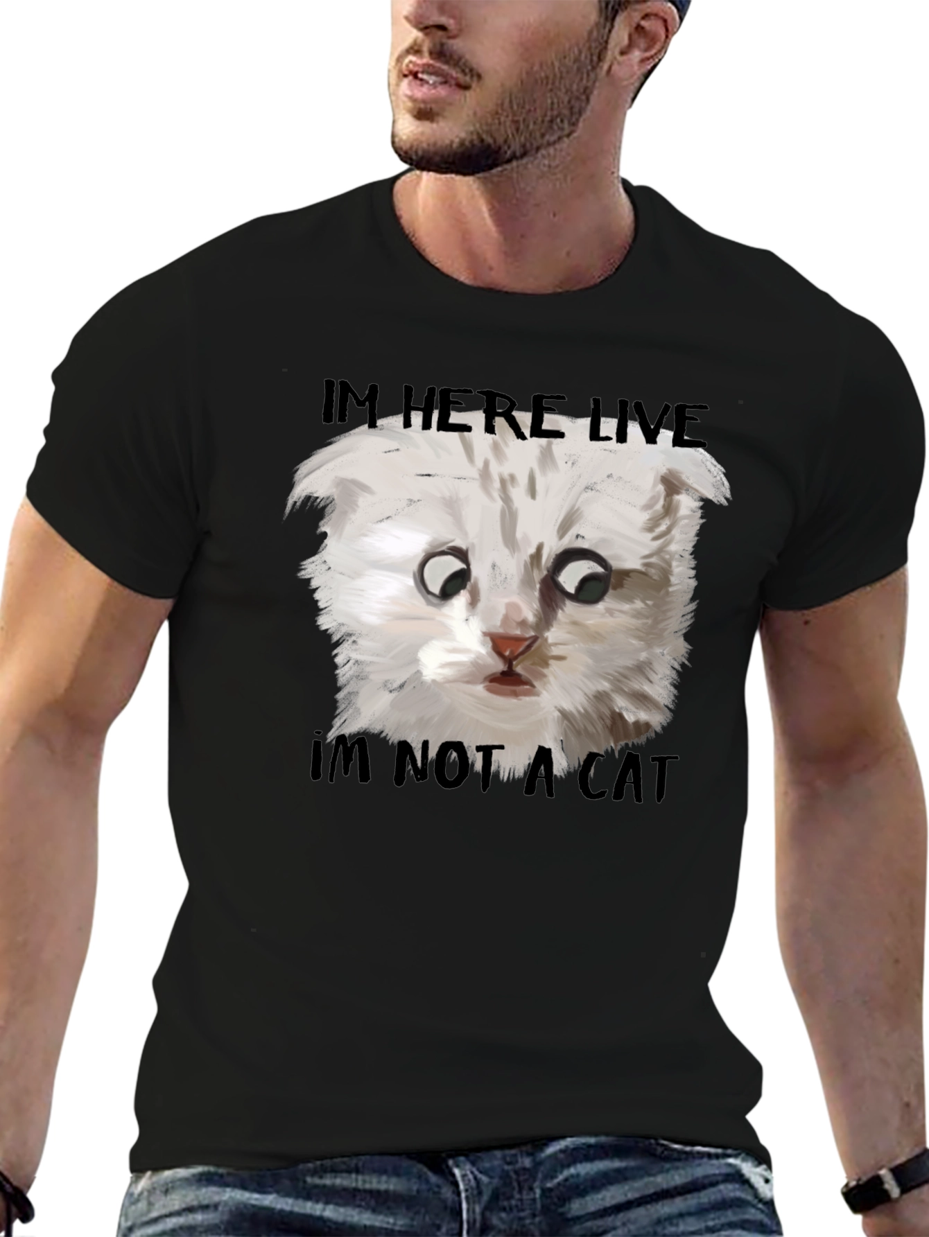 Black I'm Here Live, I'm Not A Cat T-Shirt view 6