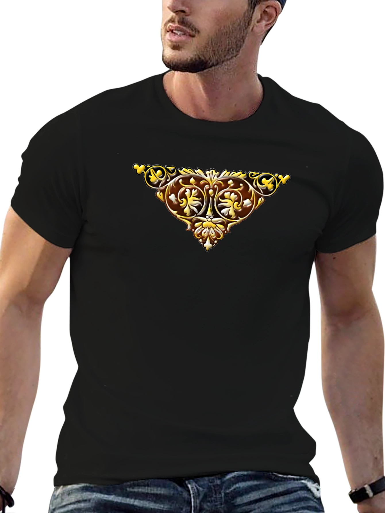 Black Ornate Golden Emblem Black T-Shirt view 6