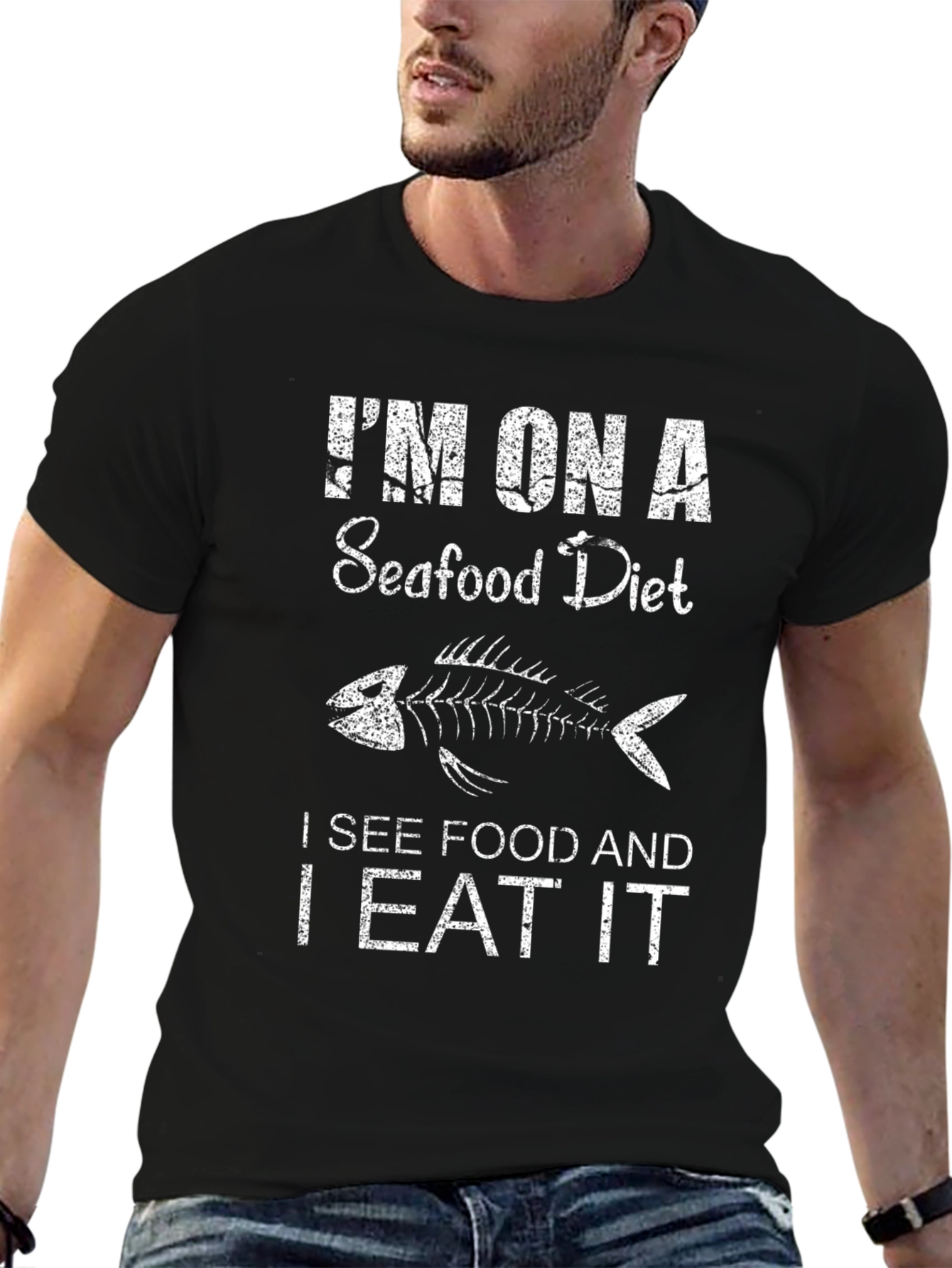 Black Seafood Diet Funny Men's Black T-Shirt view 6