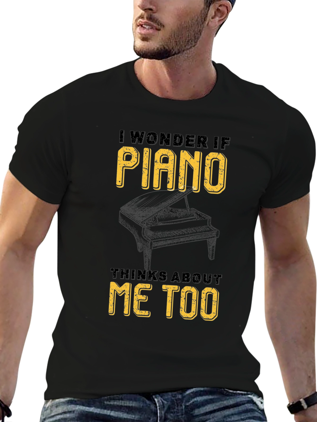 Black Piano Lover Graphic Tee - I Wonder If Piano Thinks About Me Too view 6