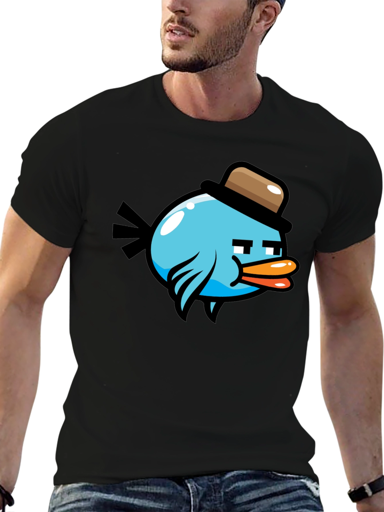 Black Cartoon Bird in Hat Graphic Tee - Black view 6