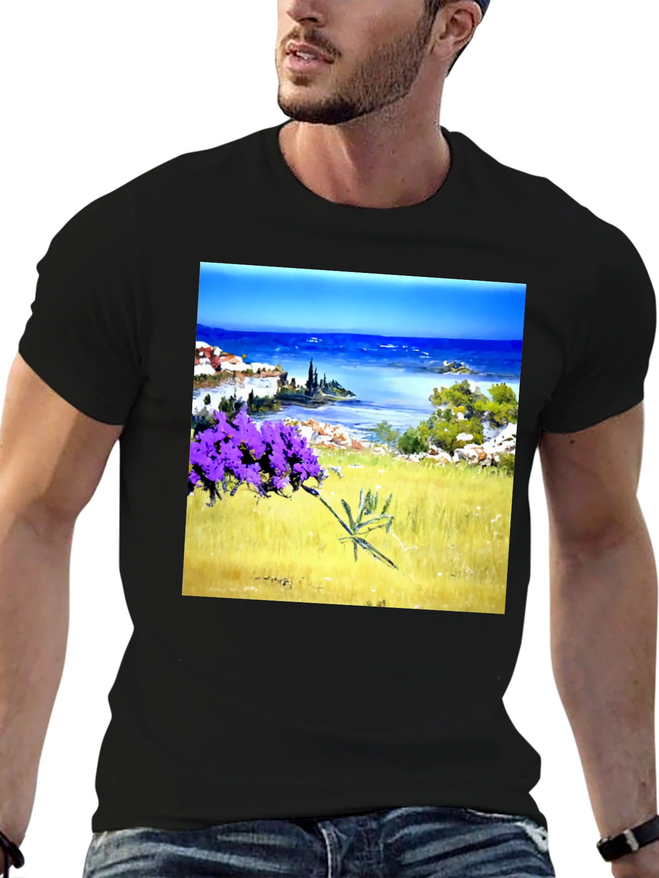Black Coastal Lavender Art Print Black T-Shirt view 6