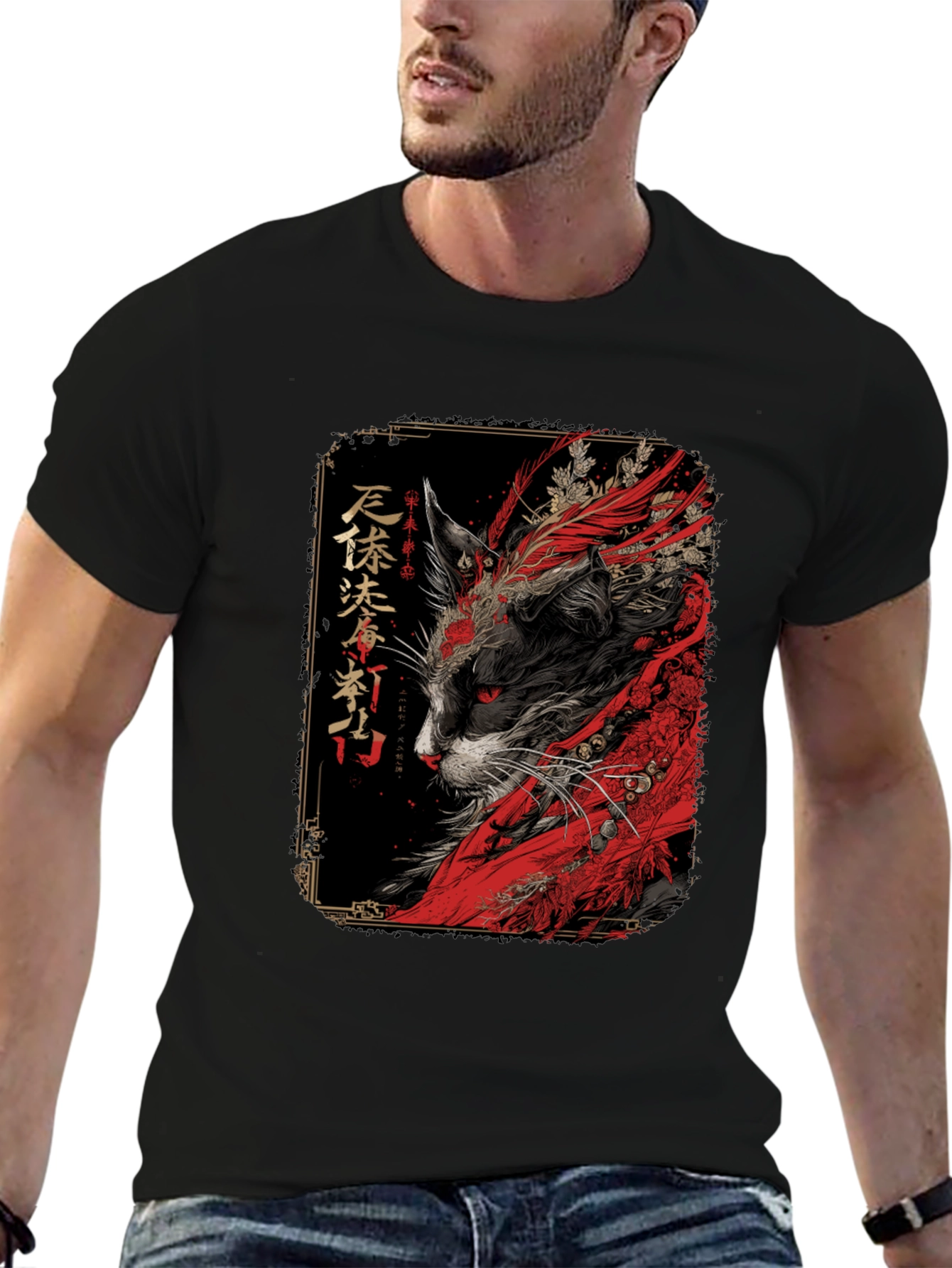 Black Japanese Cat Art T-Shirt view 6