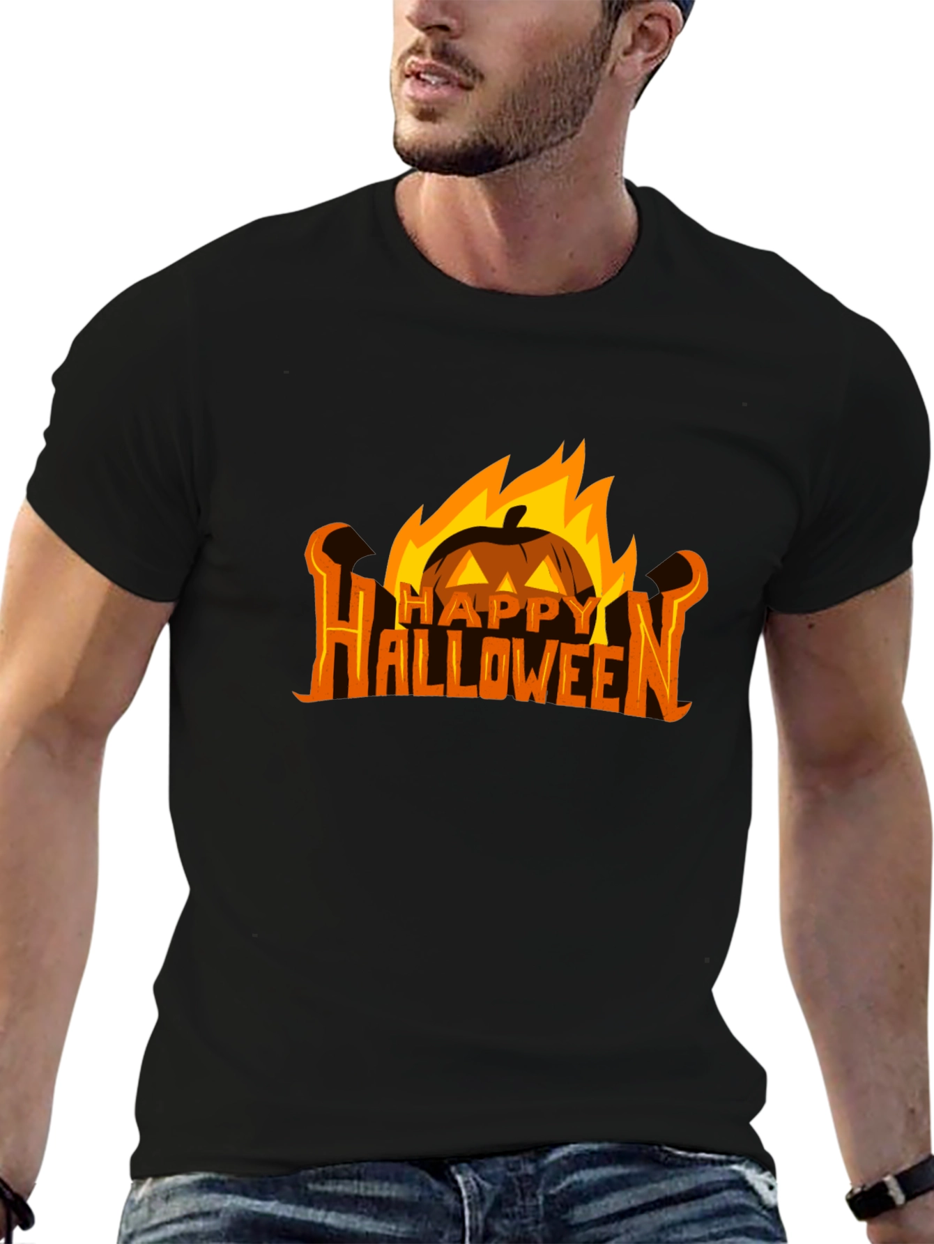 Black Halloween Pumpkin Fire Graphic Tee view 6