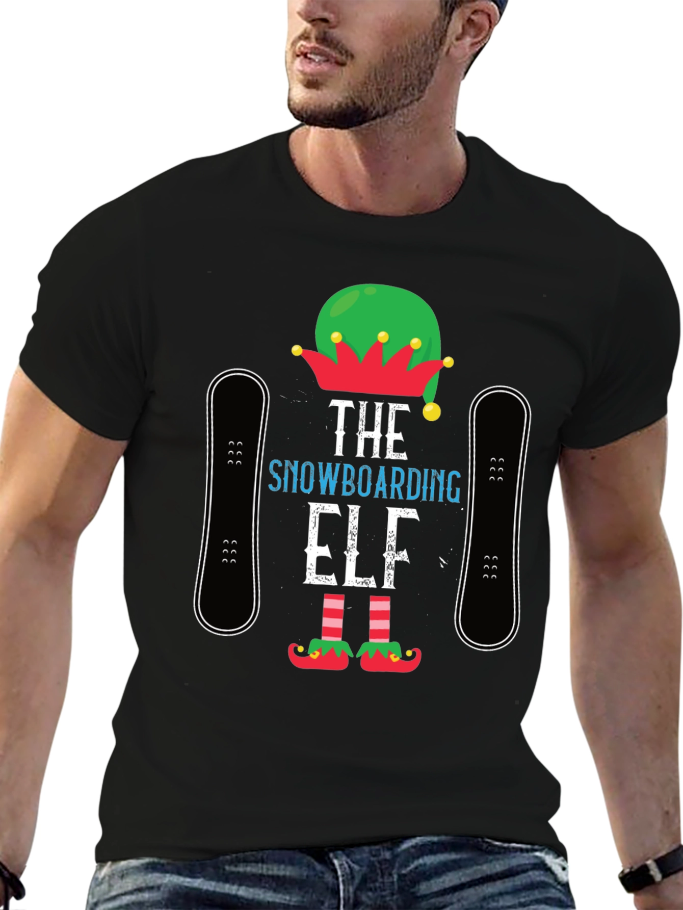 Black Snowboarding Elf T-Shirt: Holiday Fun! view 6