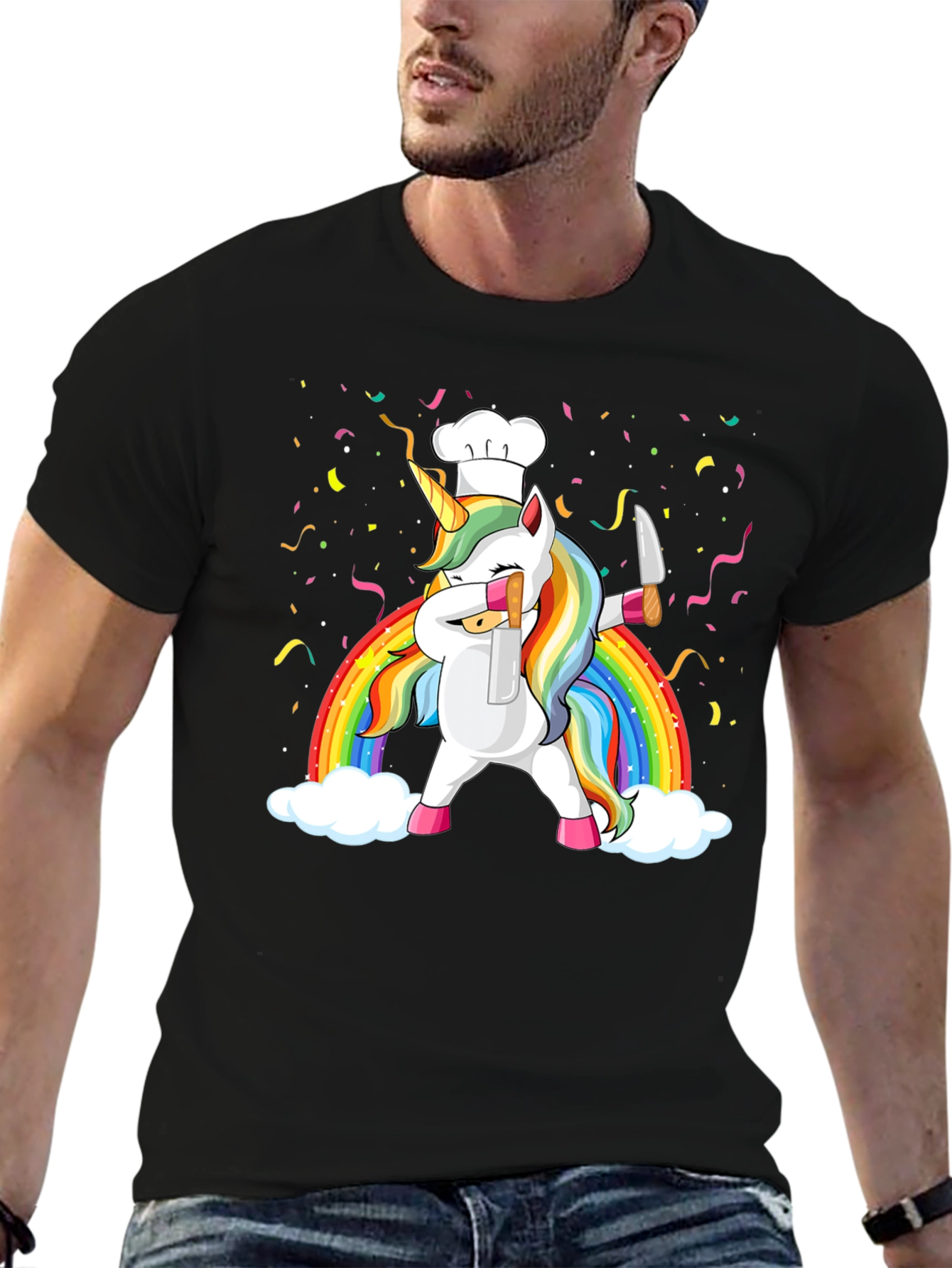 Black Unicorn Chef Rainbow T-Shirt Funny Foodie Tee view 6