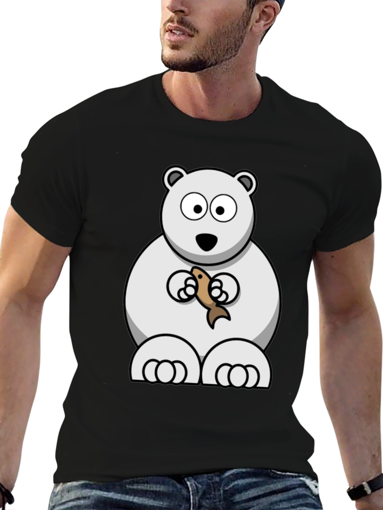 Black Polar Bear with Fish Graphic Tee - Black Cotton T-Shirt view 6