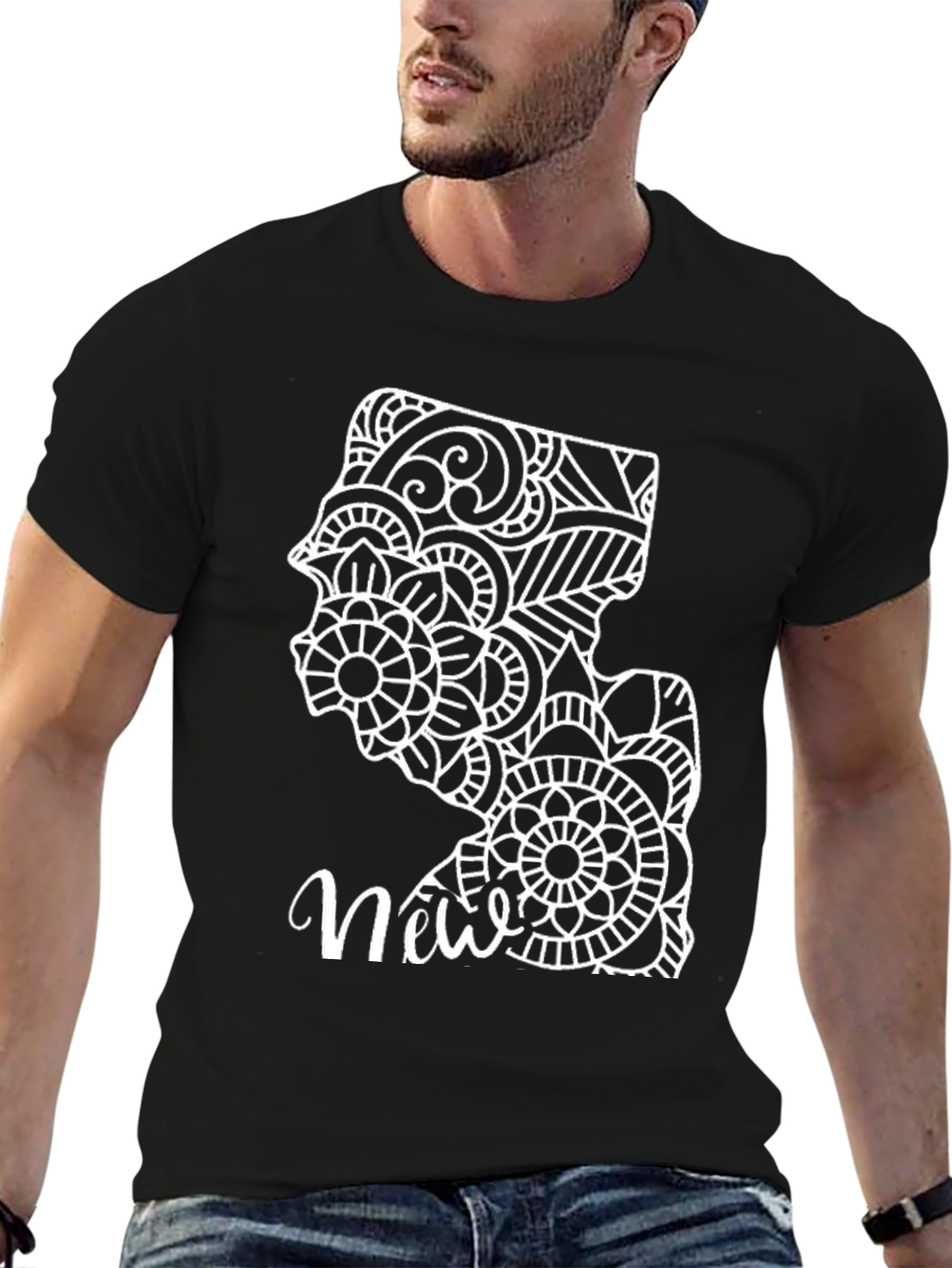 Black New Jersey Mandala Art Graphic Tee - Black Cotton view 6