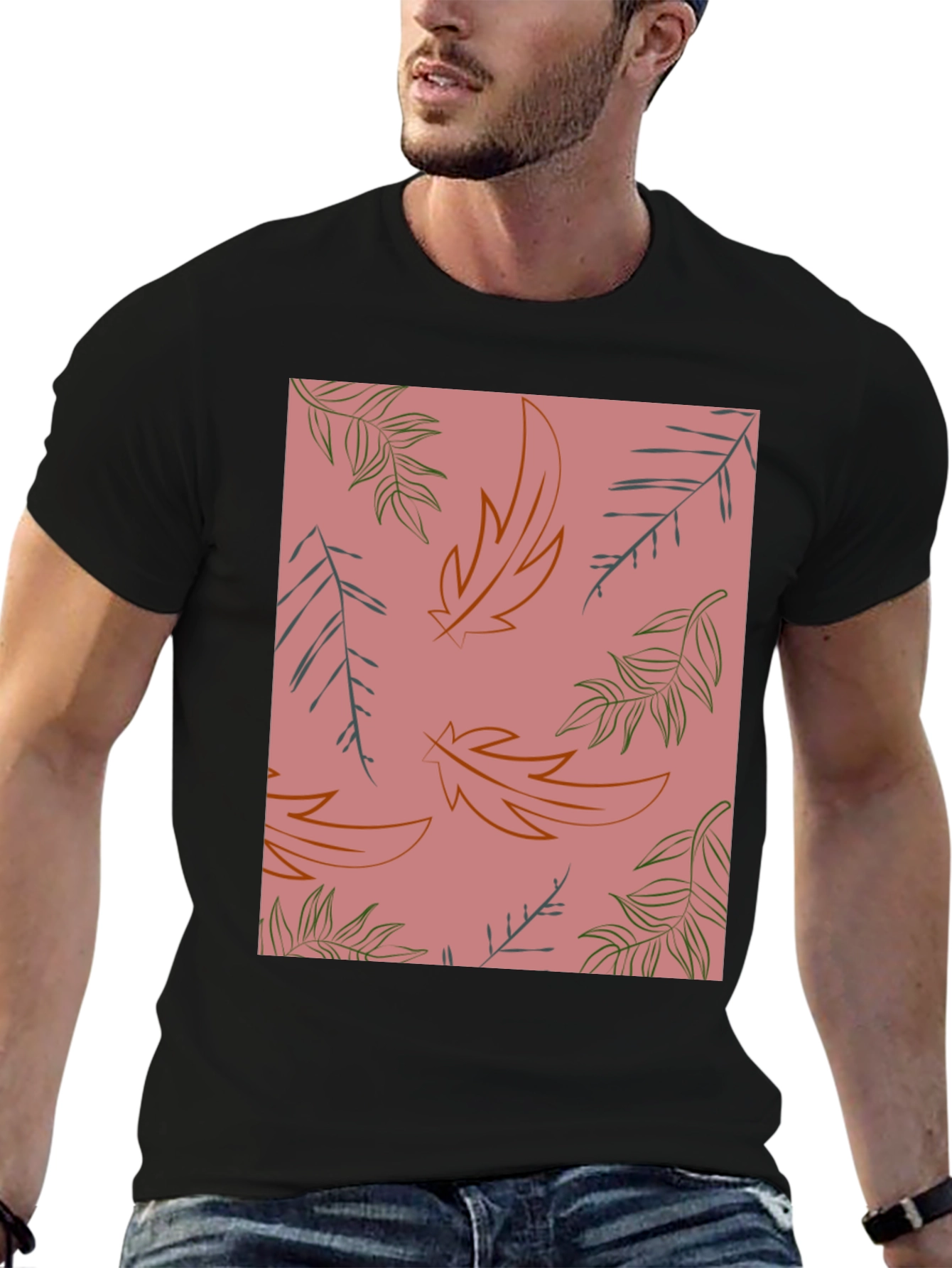 Black Botanical Leaf Print T-Shirt - Trendy Casual Wear view 6