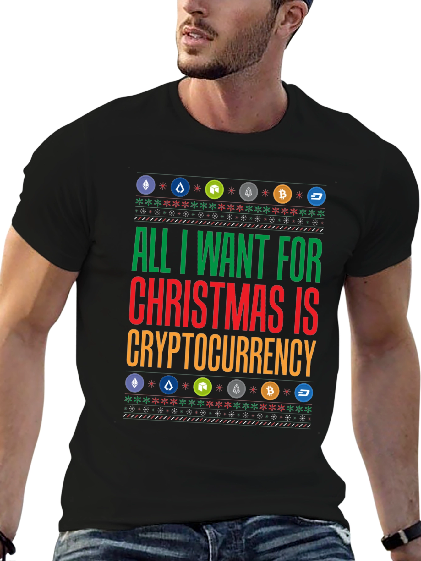 Black Crypto Christmas T-Shirt - All I Want is Cryptocurrency Holiday Tee view 6