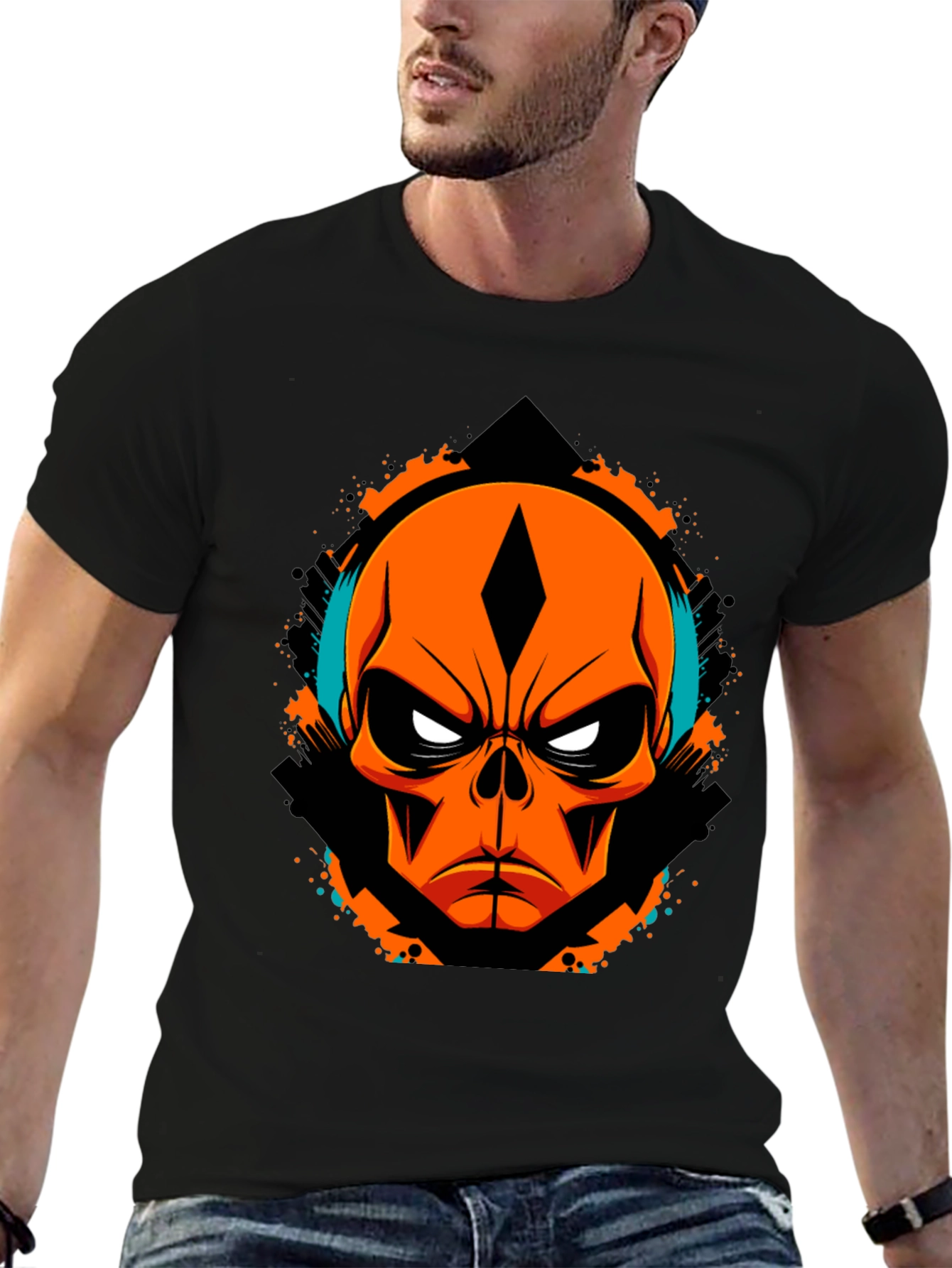 Black Orange Skull Graphic Tee - Edgy Streetwear view 6