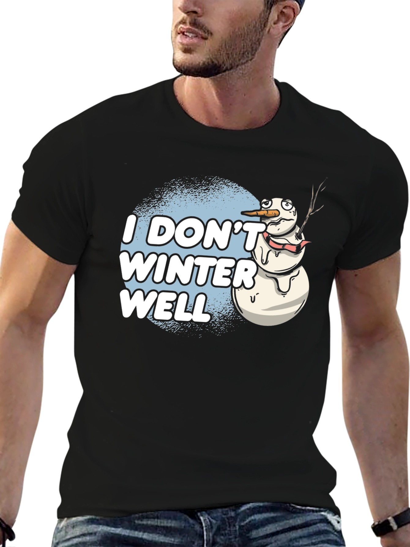 Black Funny "I Don't Winter Well" Melting Snowman T-Shirt view 6