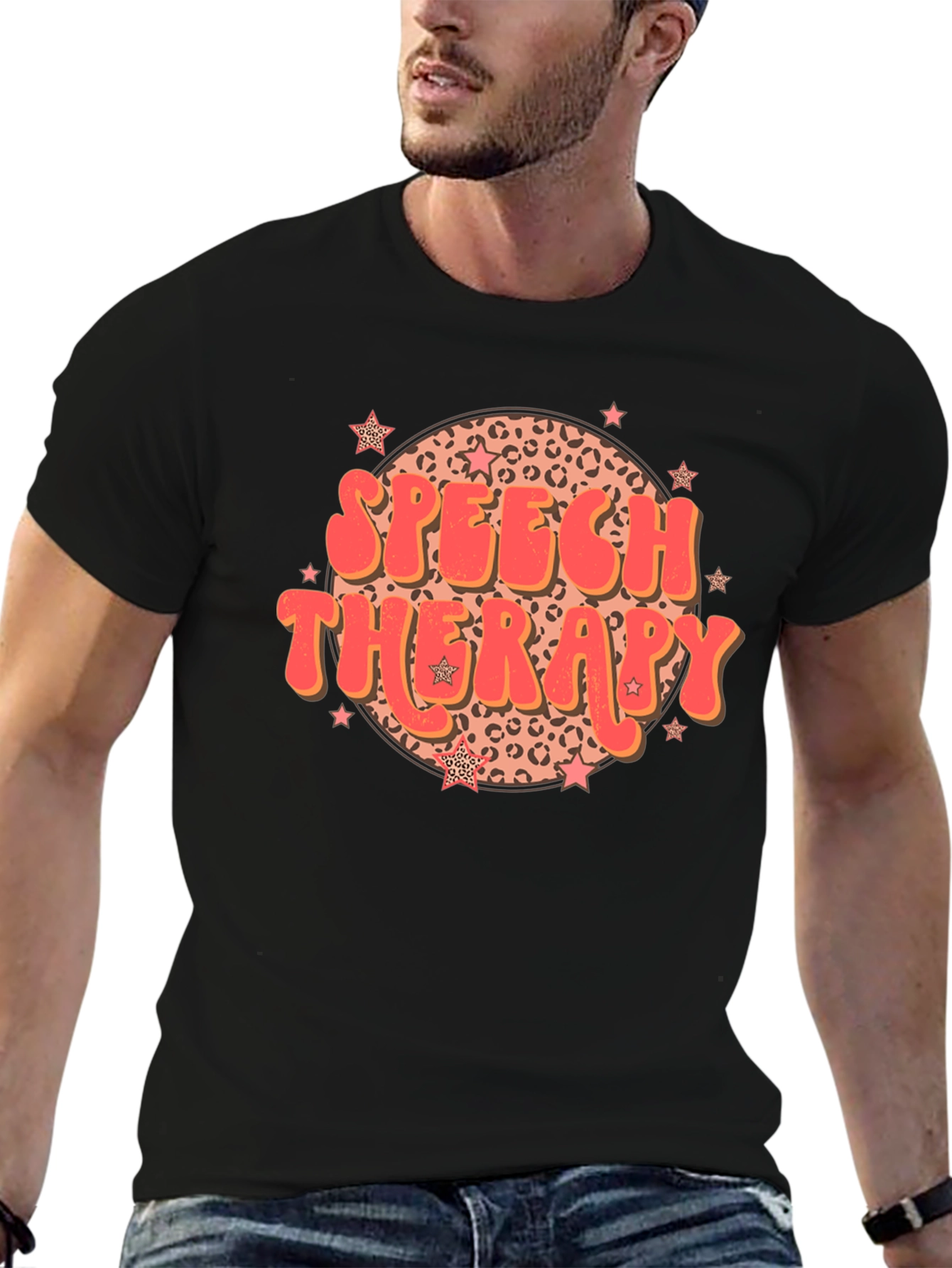 Black Speech Therapy Leopard Print Star T-Shirt view 6