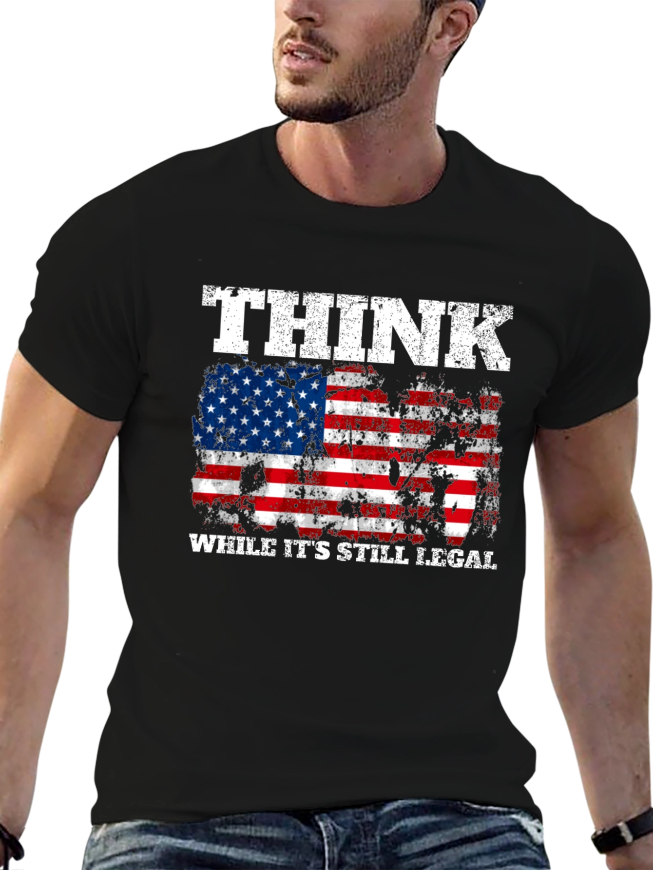Black Think While It's Still Legal American Flag T-Shirt view 6