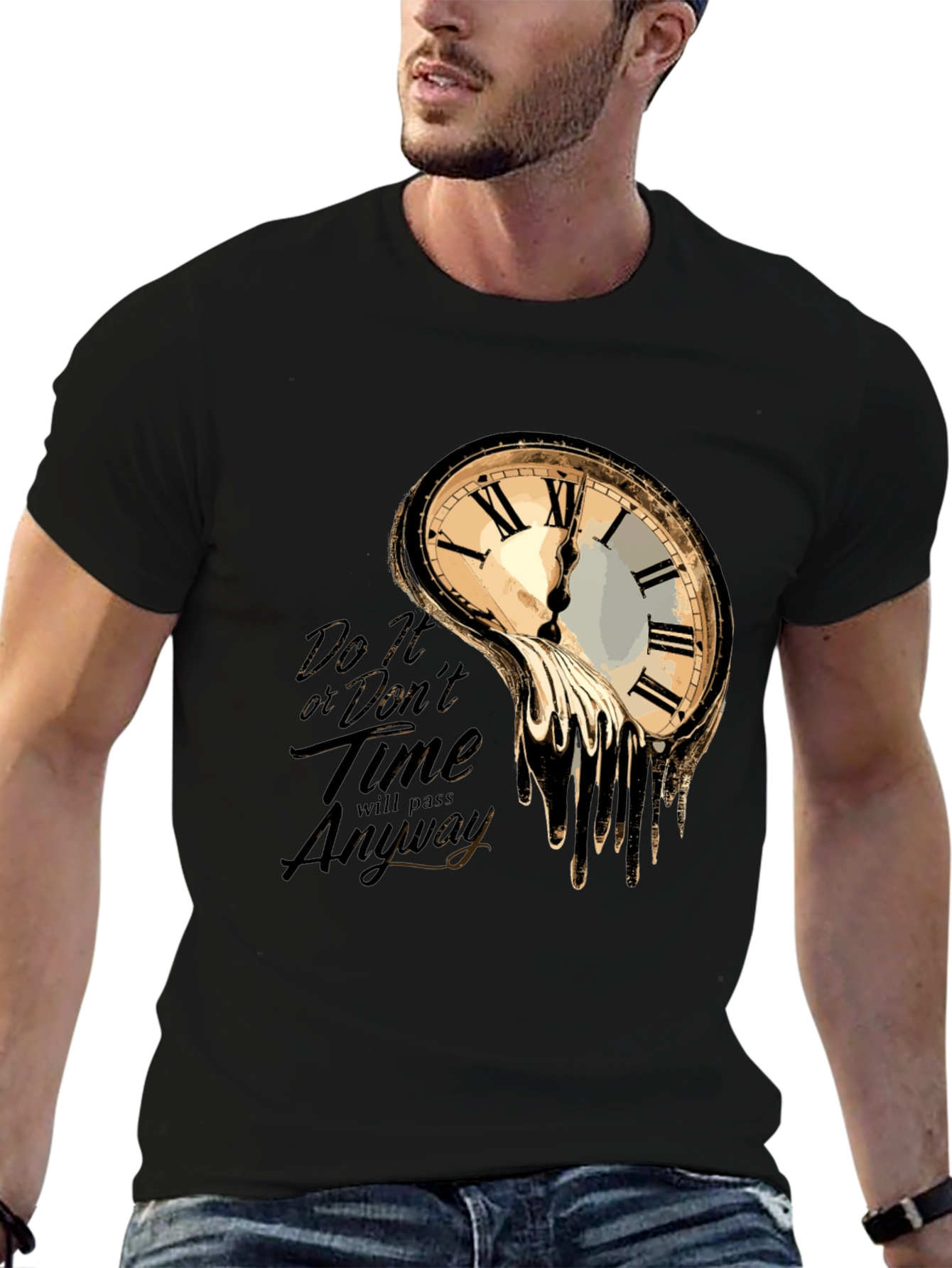 Black Melting Clock Graphic T-Shirt - Time Waits for No One view 6