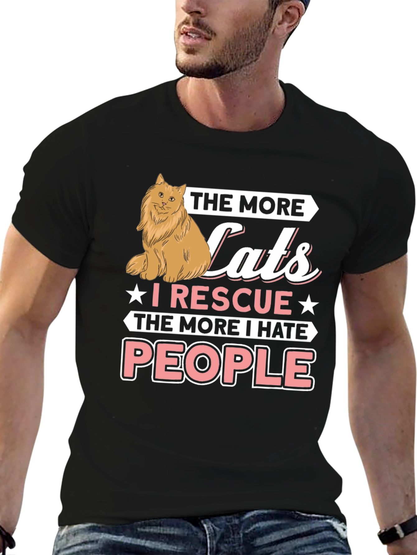 Black Funny Cat Rescue T-Shirt - "Hate People" Graphic Tee view 6
