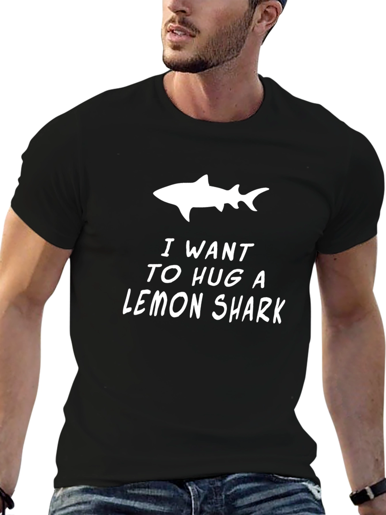 Black Lemon Shark Hug T-Shirt - Black Crew Neck Cotton Tee view 6