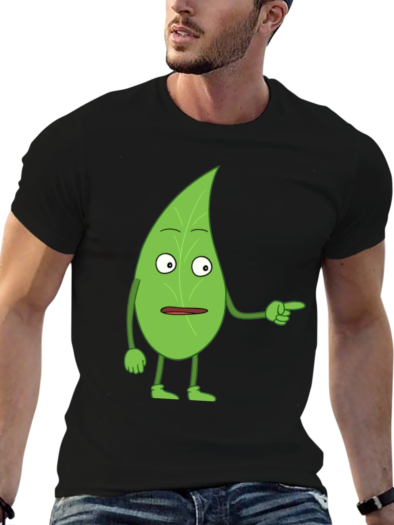 Black Funny Leaf Character Black T-Shirt view 6