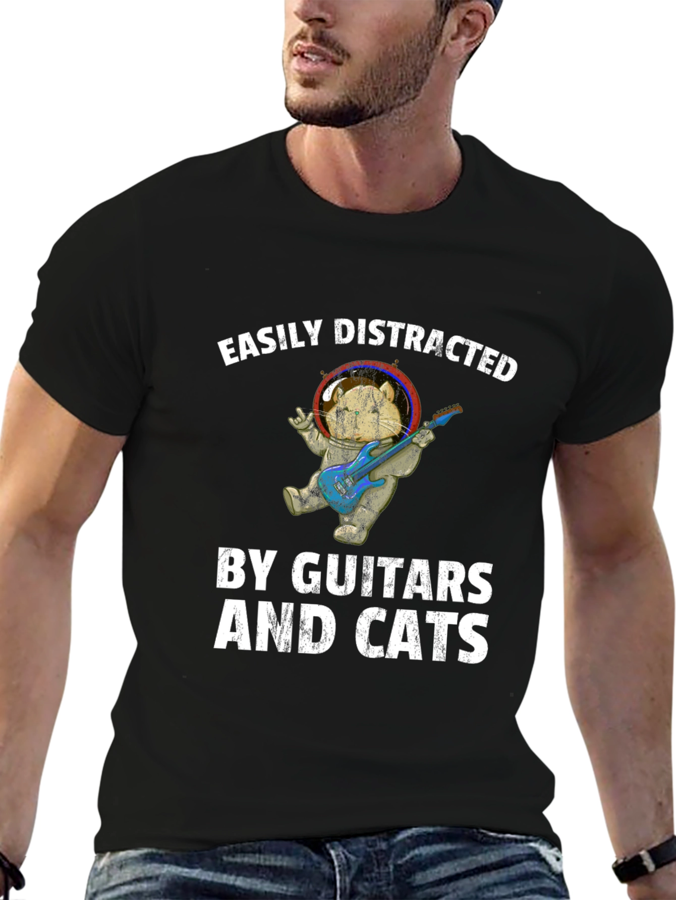 Black Easily Distracted By Guitars & Cats T-Shirt view 6
