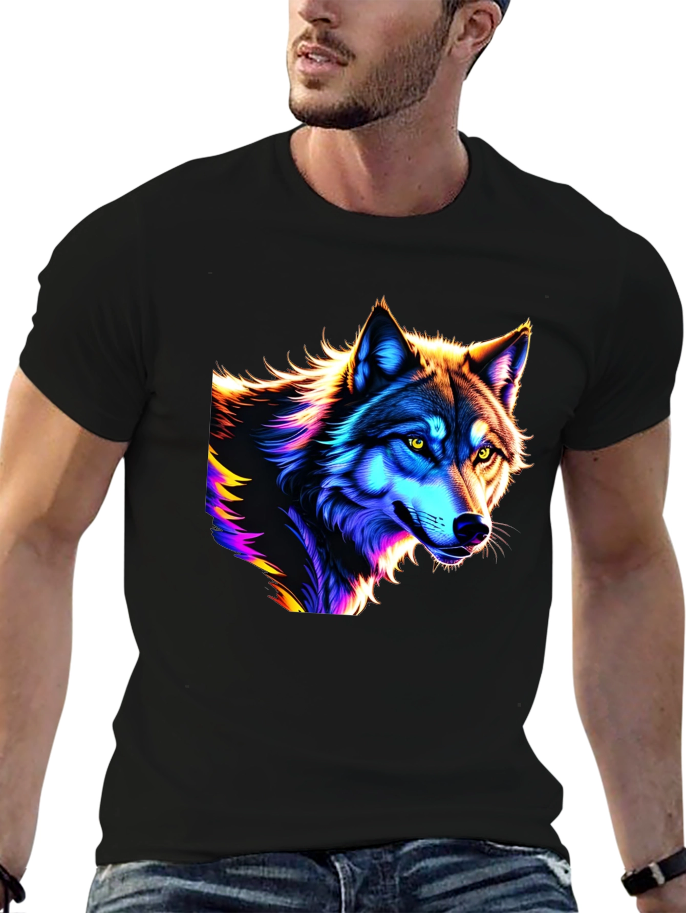 Black Neon Wolf Graphic T-Shirt view 6