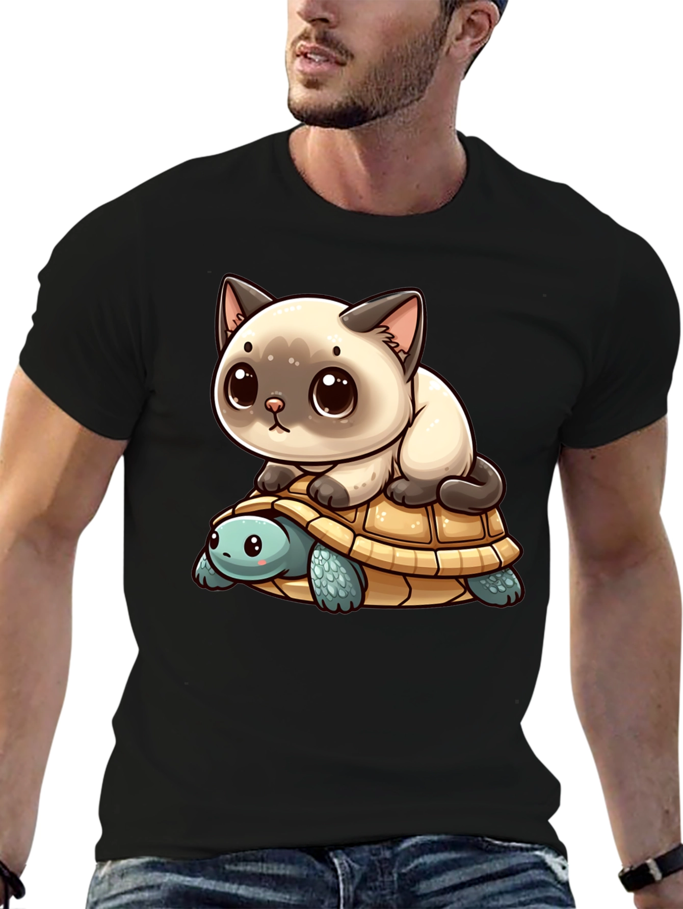 Black Cat Riding Turtle Black T-Shirt view 6