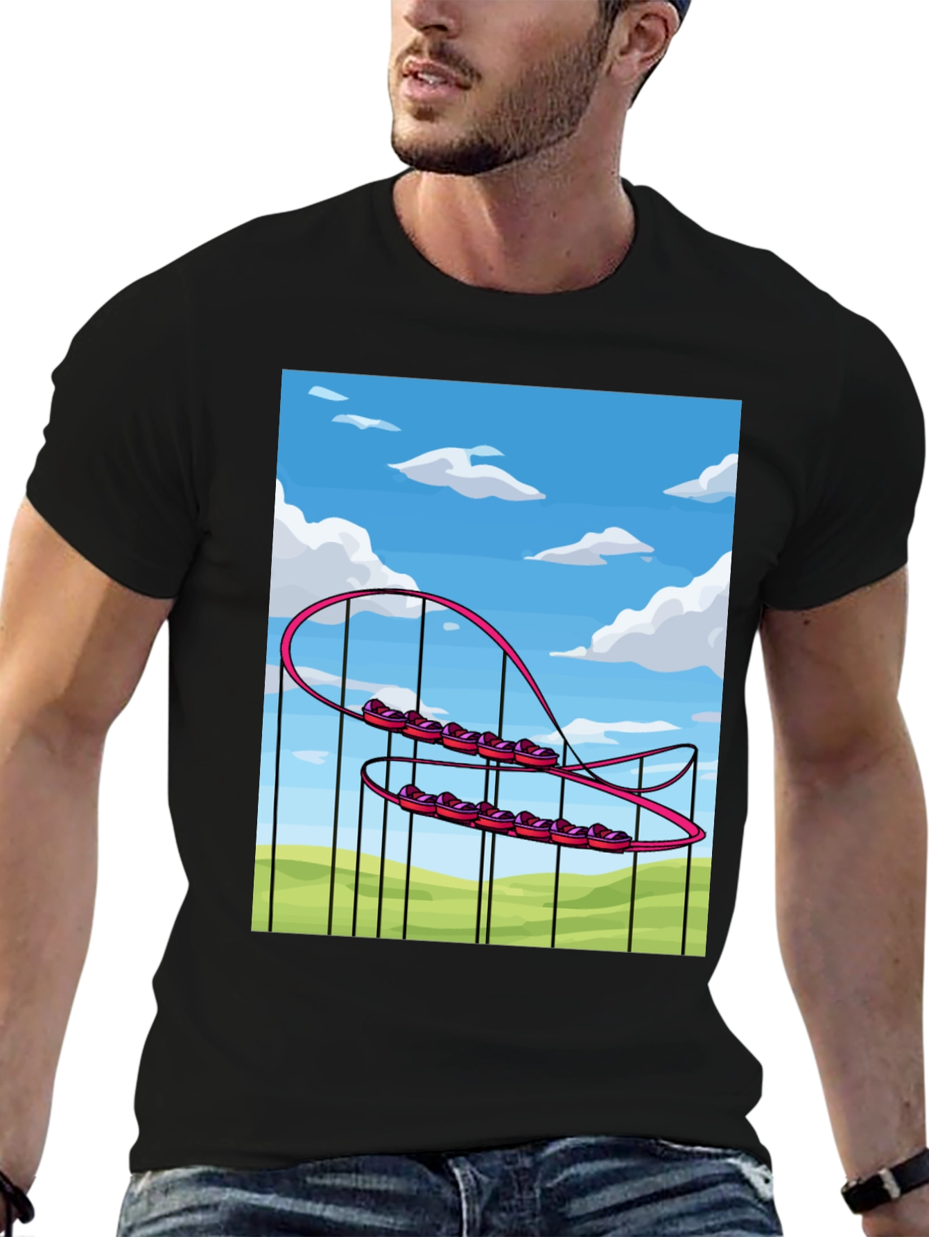 Black Cartoon Roller Coaster Graphic Tee - Fun & Unique Style view 6