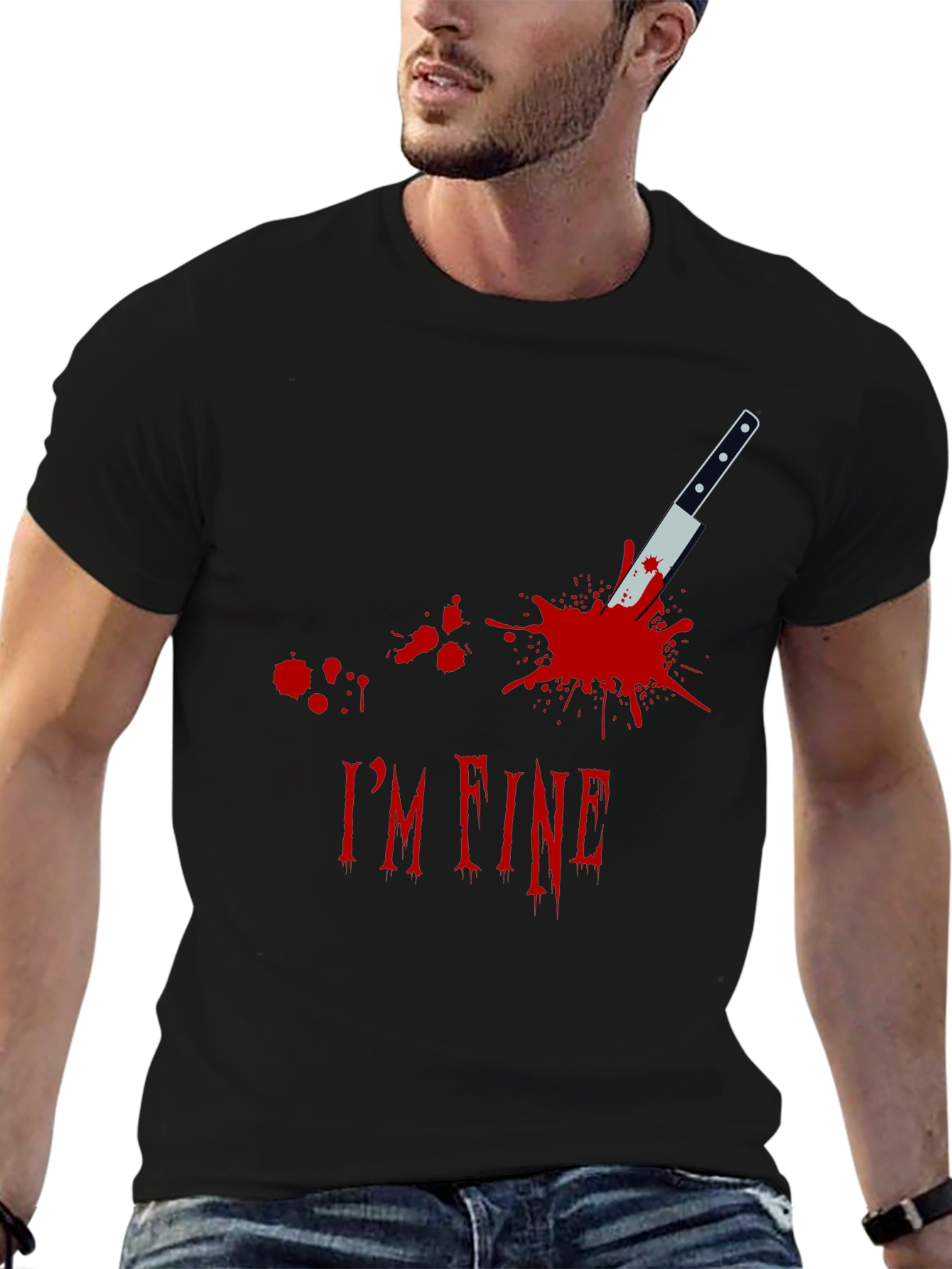 Black I'm Fine Knife Graphic Black T-Shirt view 6