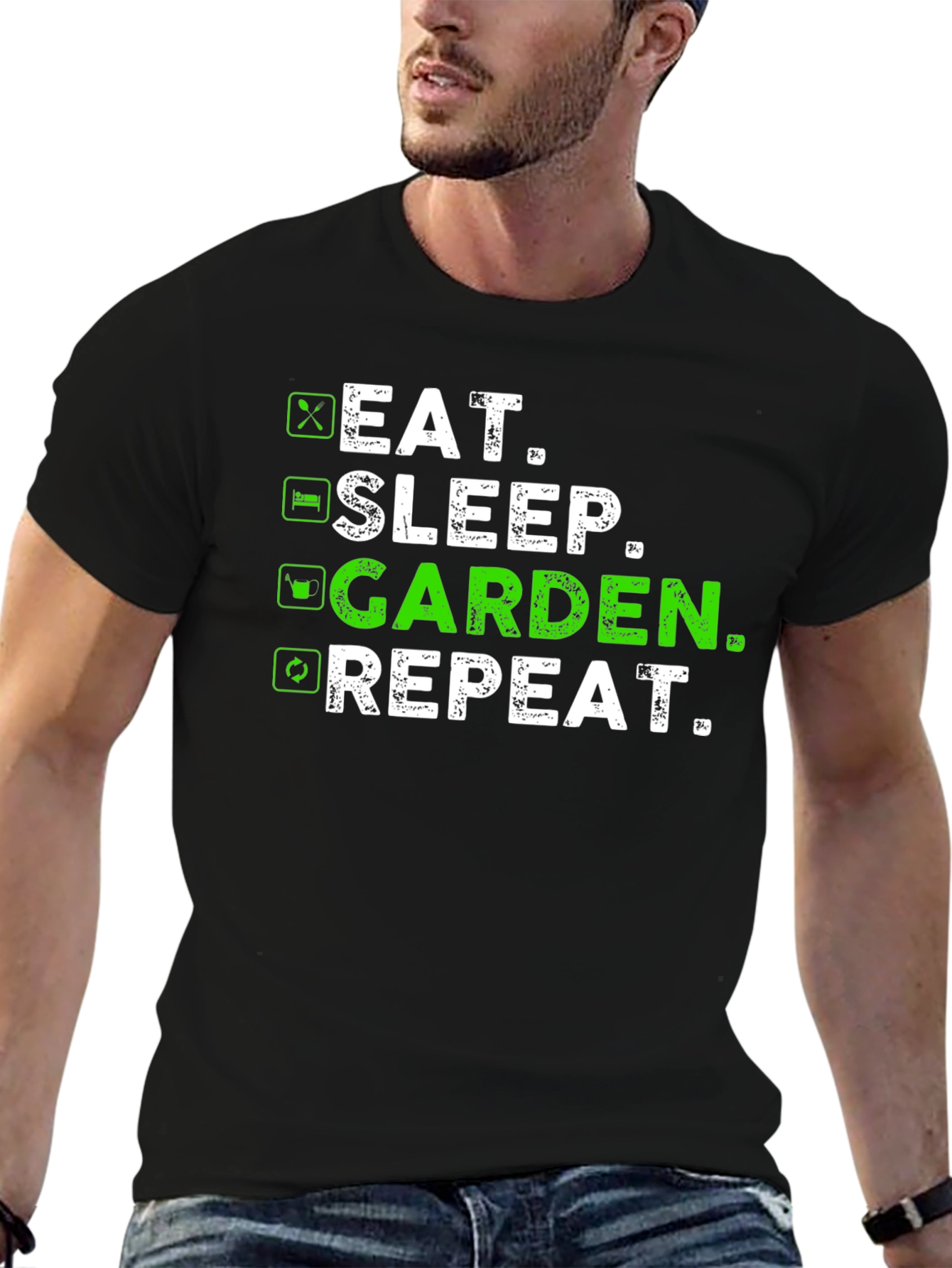 Black Eat Sleep Garden Repeat T-Shirt - Gardener Gift view 6