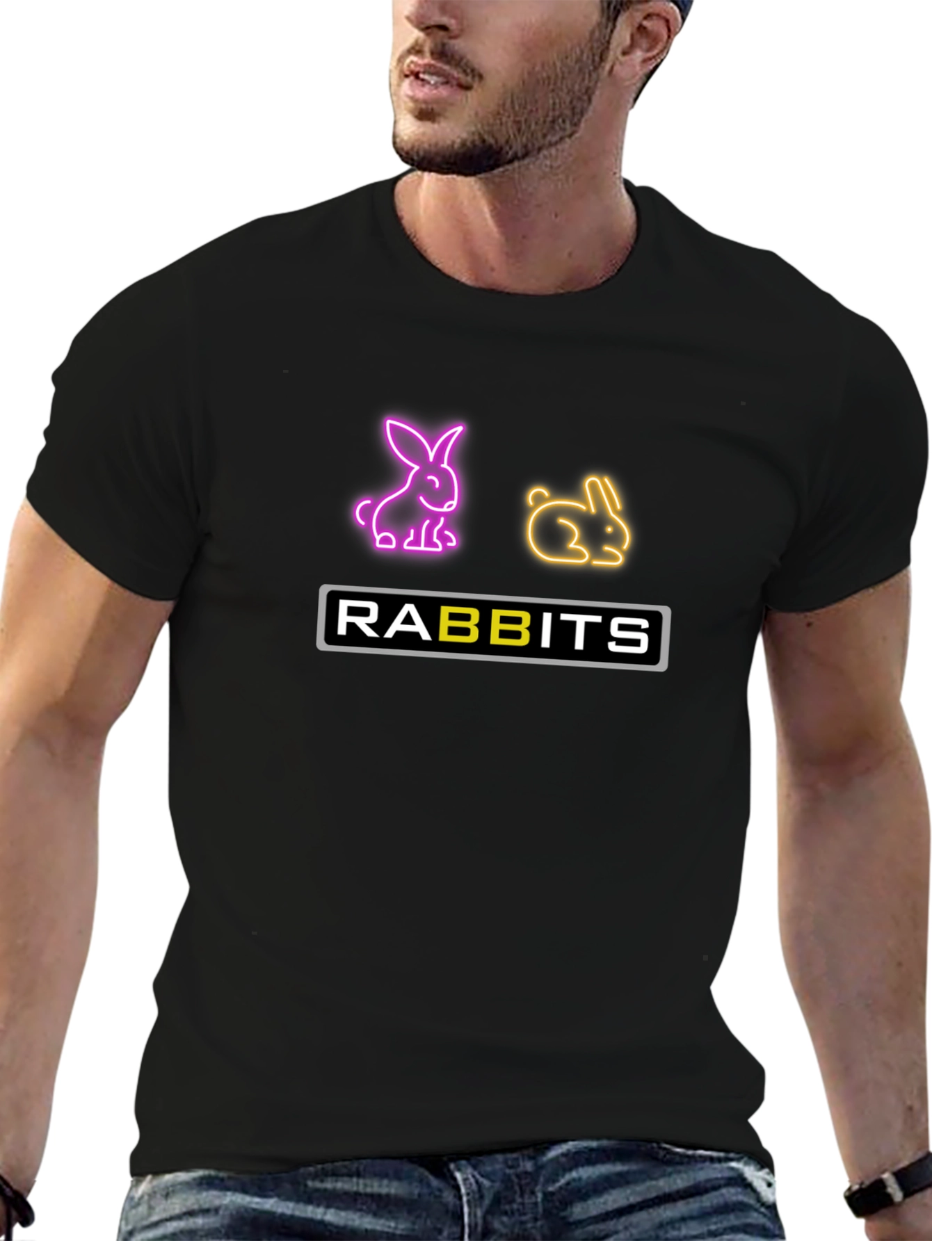 Black Neon Rabbits Graphic Tee - Black Cotton T-Shirt view 6