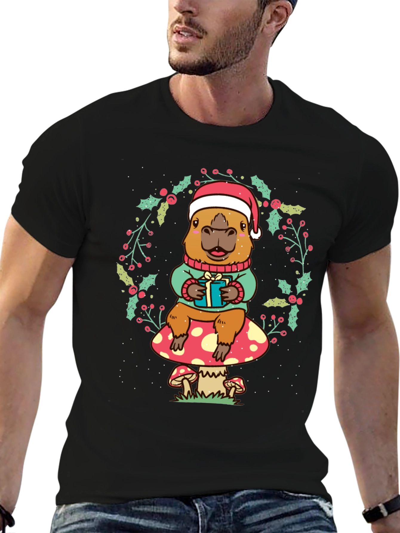 Black Festive Capybara Christmas T-Shirt view 6