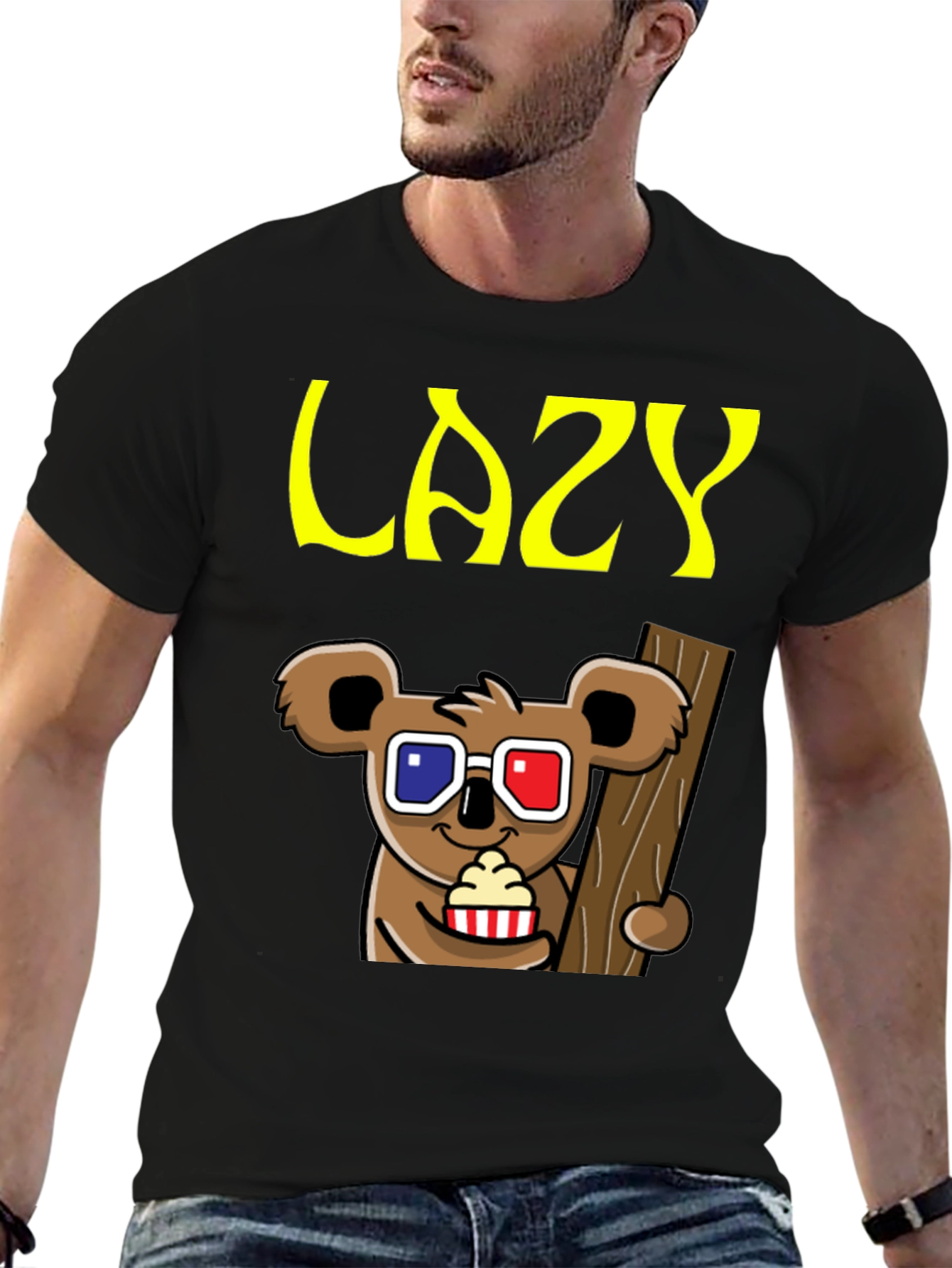 Black Lazy Koala 3D Glasses T-Shirt view 6