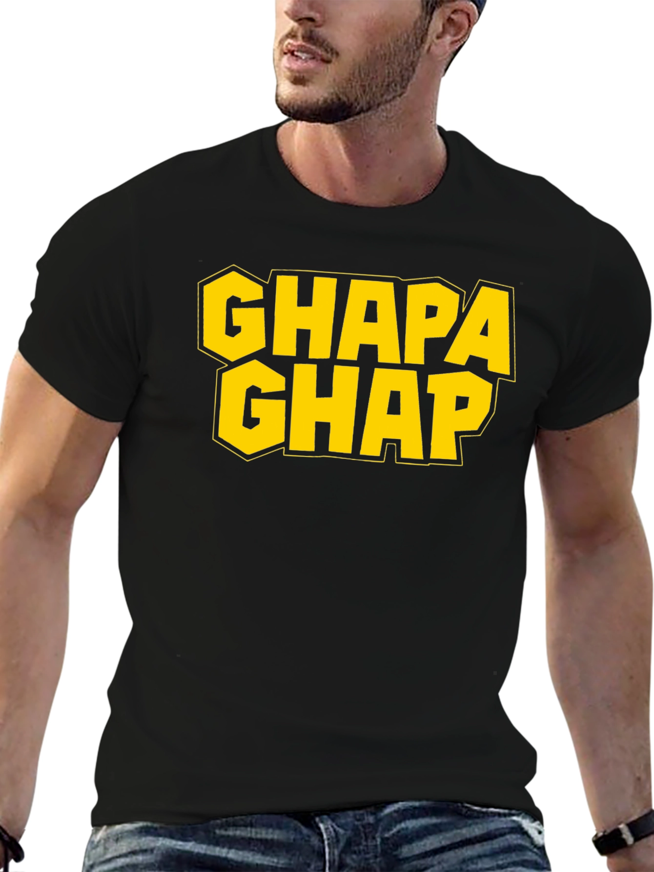 Black Ghapa Ghap Graphic T-Shirt - Bold Yellow Print view 6