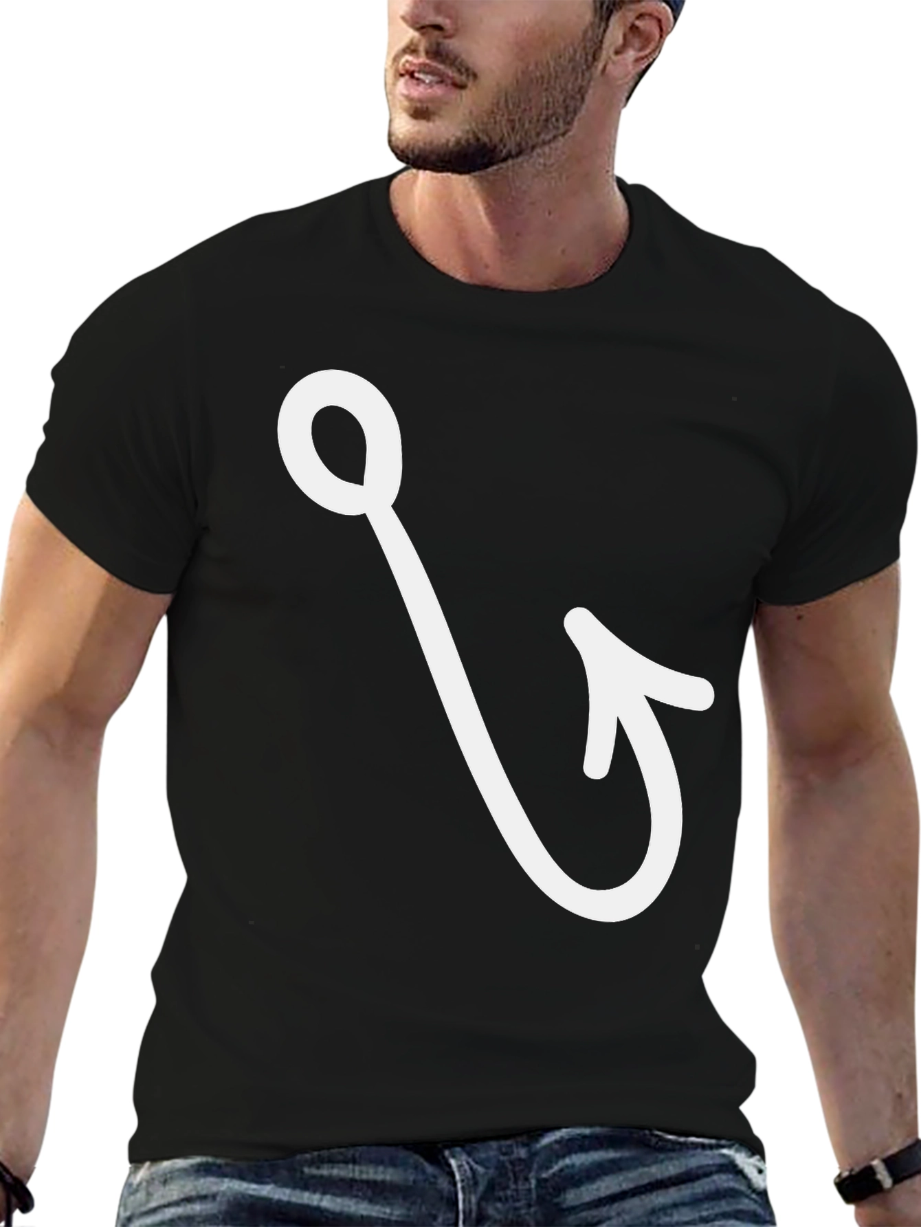 Black Fishing Hook Graphic Tee - Black Cotton Casual T-Shirt view 6