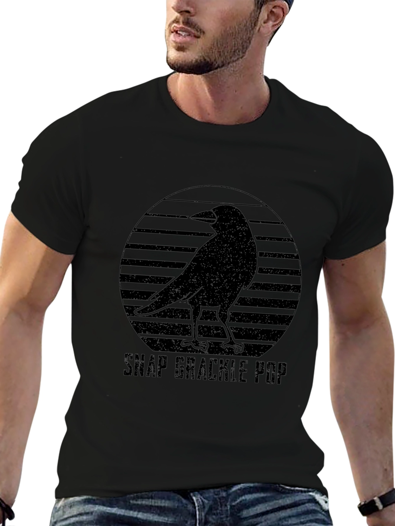 Black Snap Grackle Pop Graphic Tee - Black Bird Design view 6